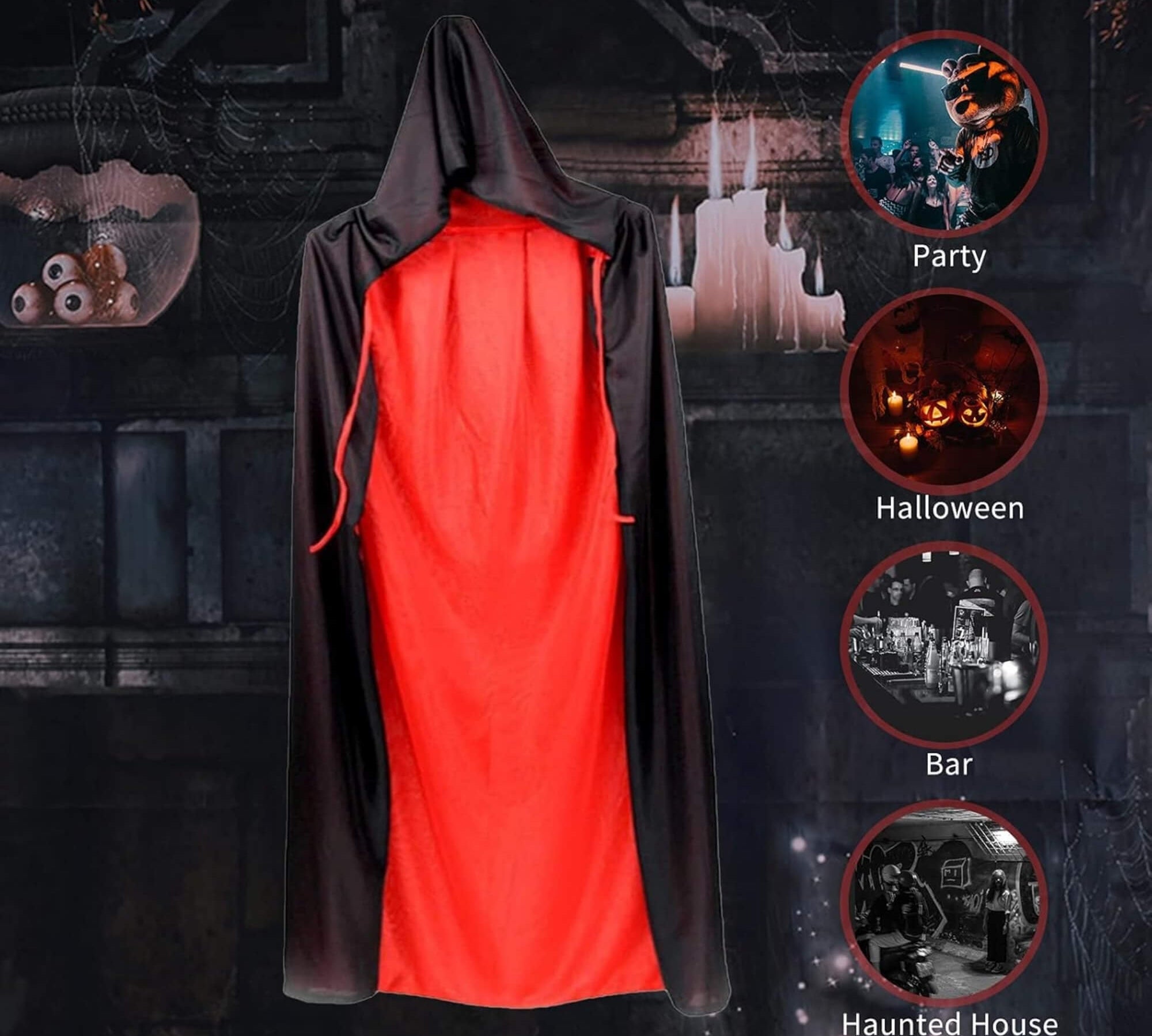 Red and black Halloween cloak costume, lifestyle scene