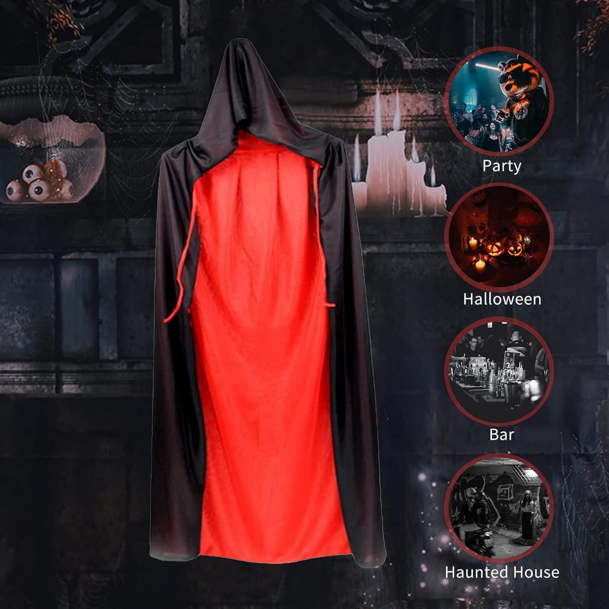 Red and black Halloween cloak costume, lifestyle scene