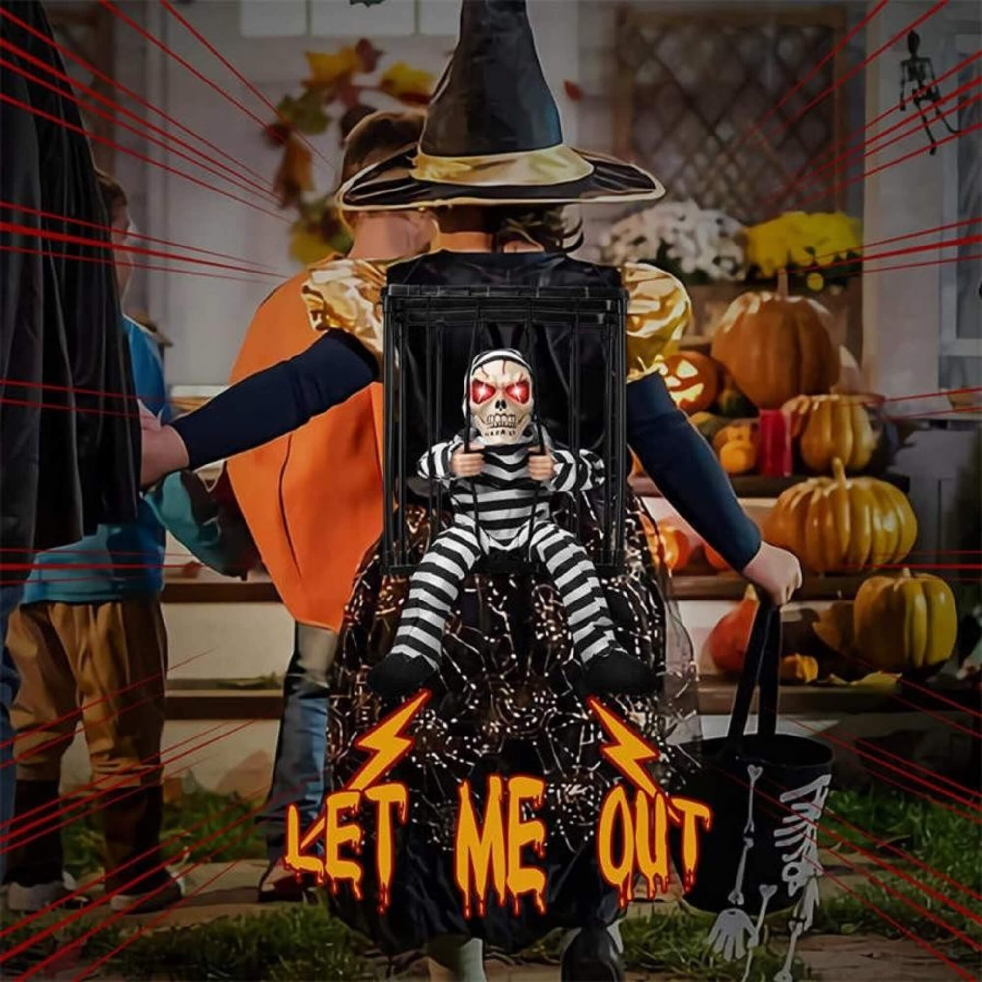 Animatronic skeleton in hanging cage Halloween decoration
