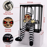 Animatronic skeleton in hanging cage Halloween decoration, product features