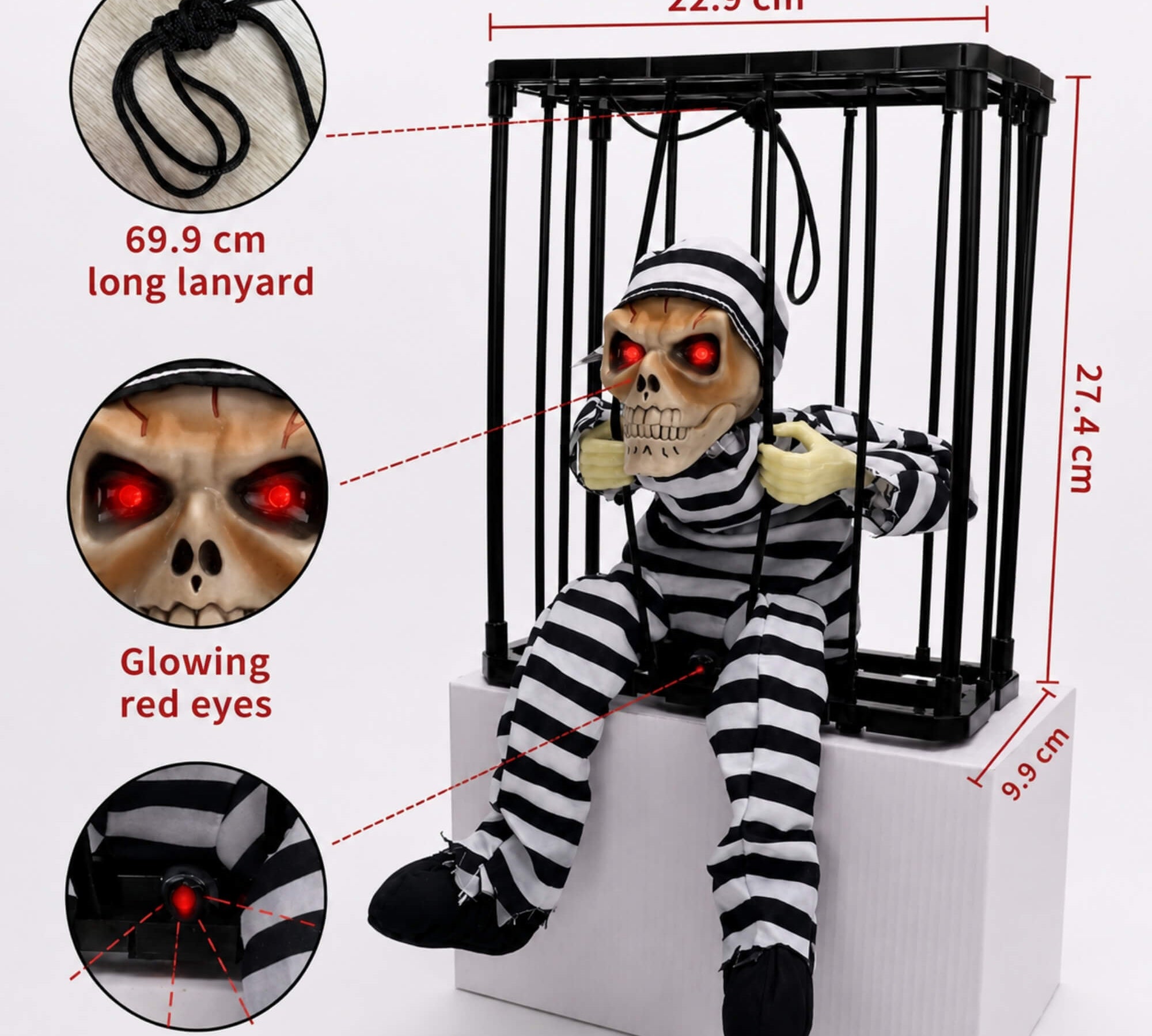 Animatronic skeleton in hanging cage Halloween decoration, product features