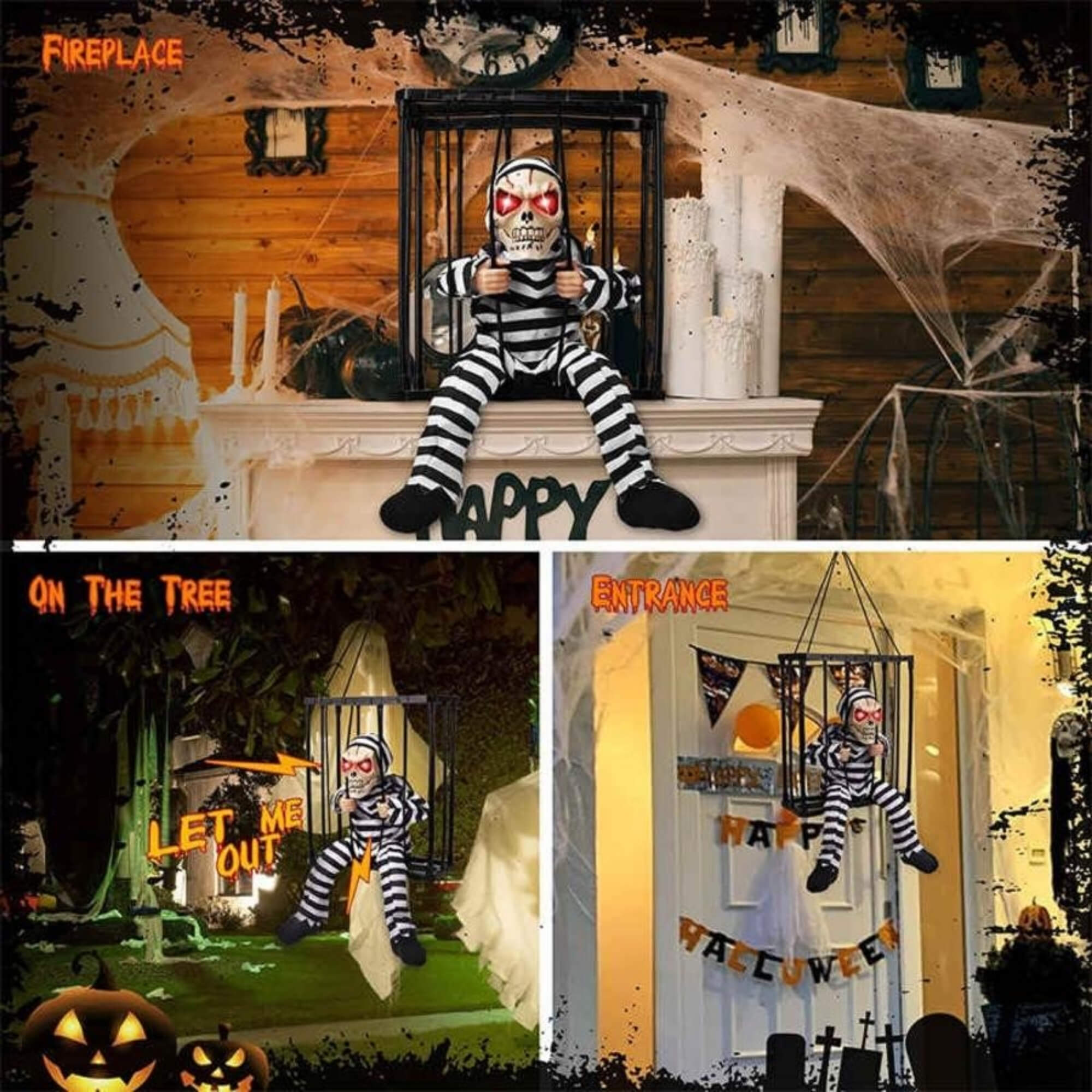Animatronic skeleton in hanging cage Halloween decoration, in use