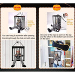 Animatronic skeleton in hanging cage Halloween decoration, in use
