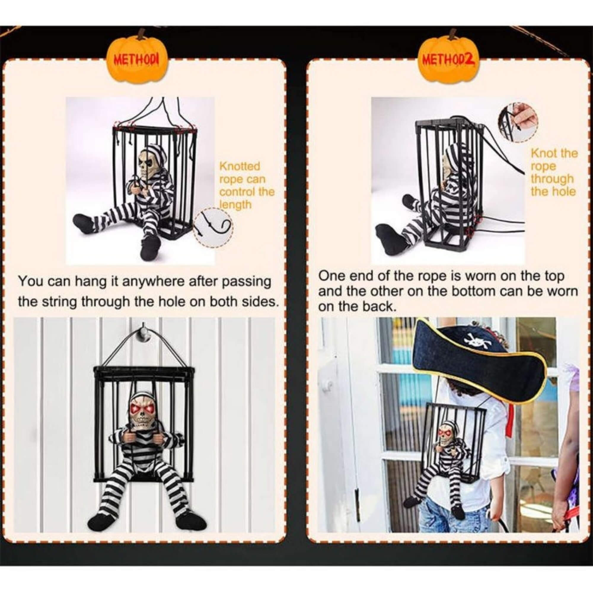 Animatronic skeleton in hanging cage Halloween decoration, in use