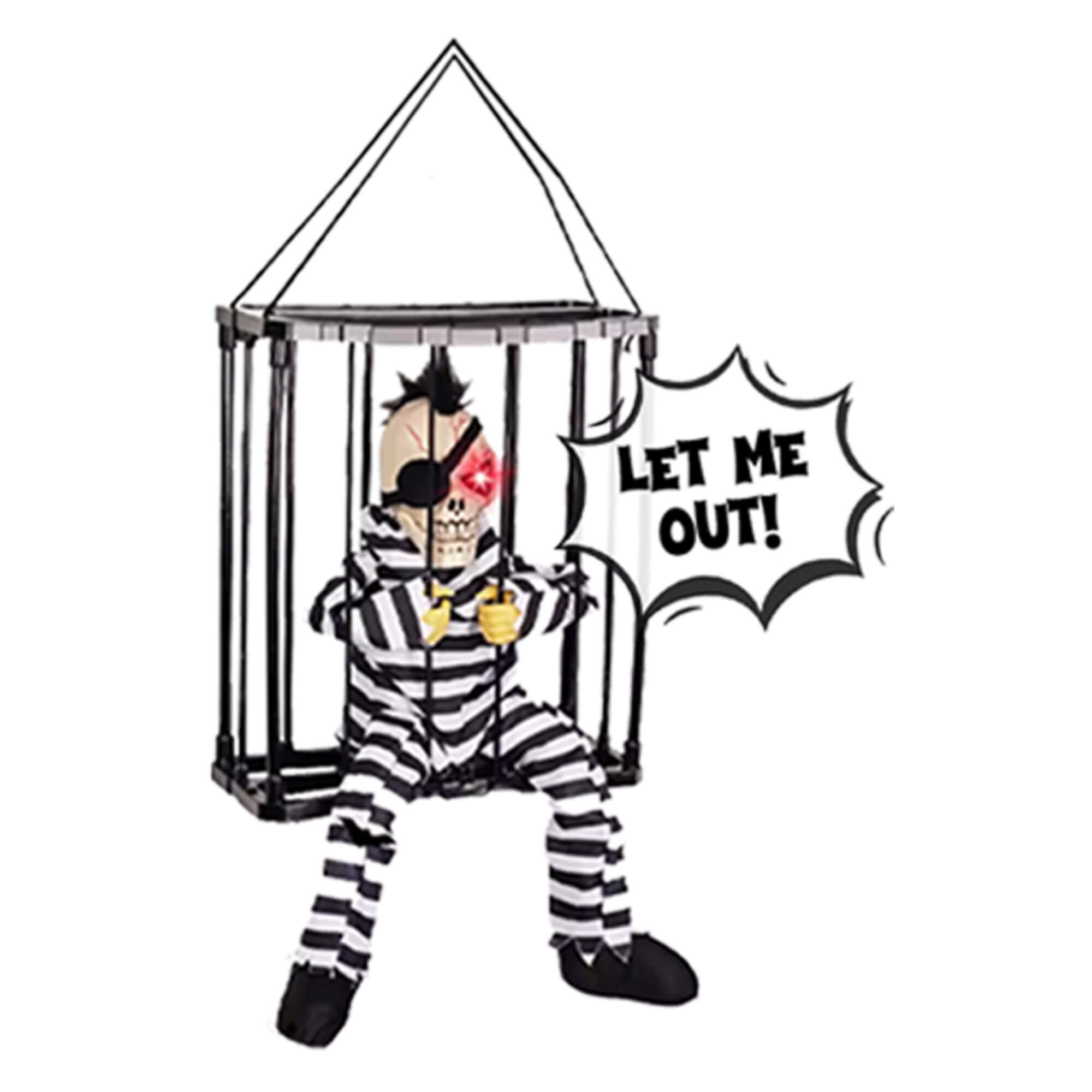 Animatronic skeleton in hanging cage Halloween decoration