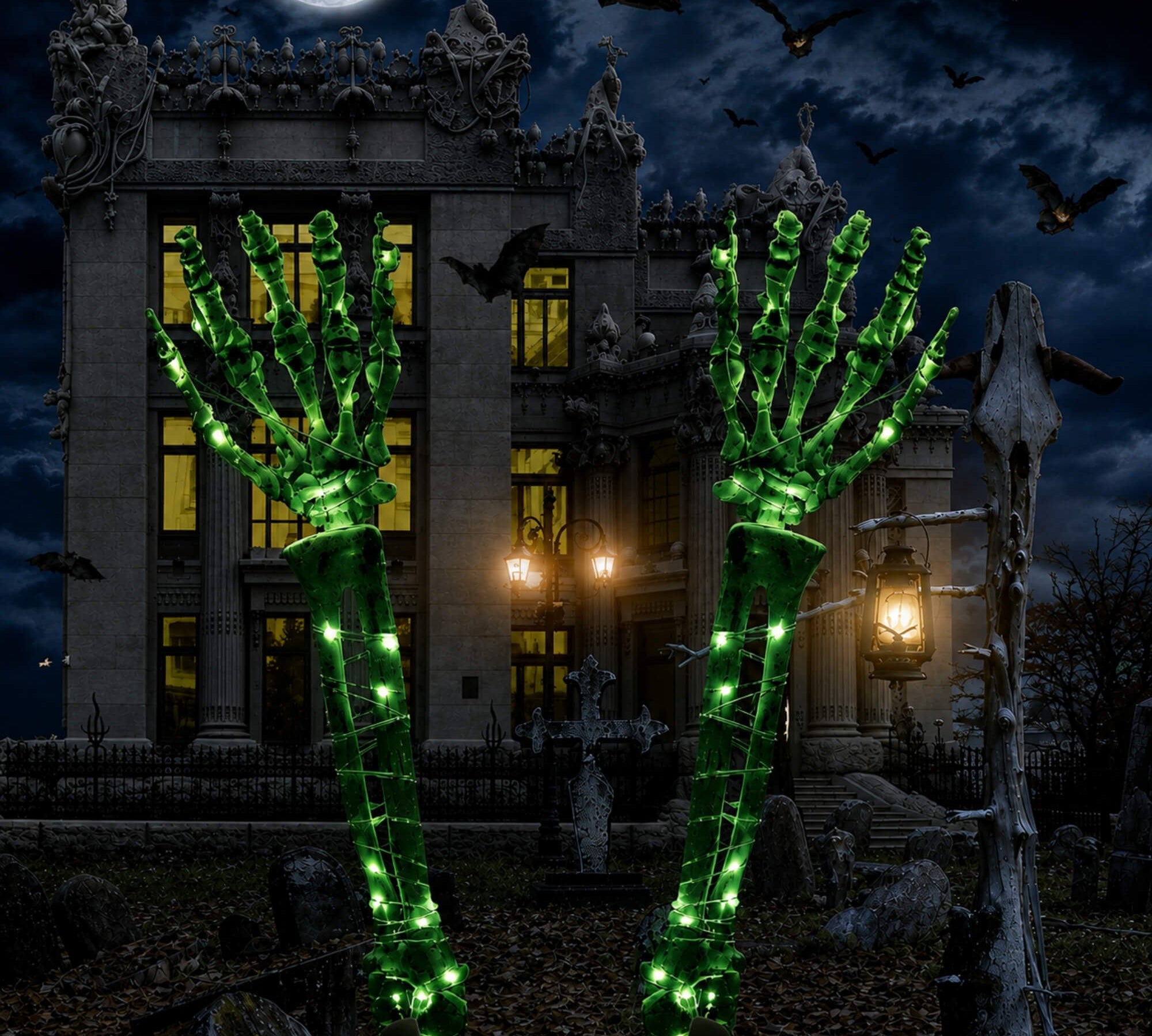 Green LED light-up skeleton hand Halloween garden stake decoration