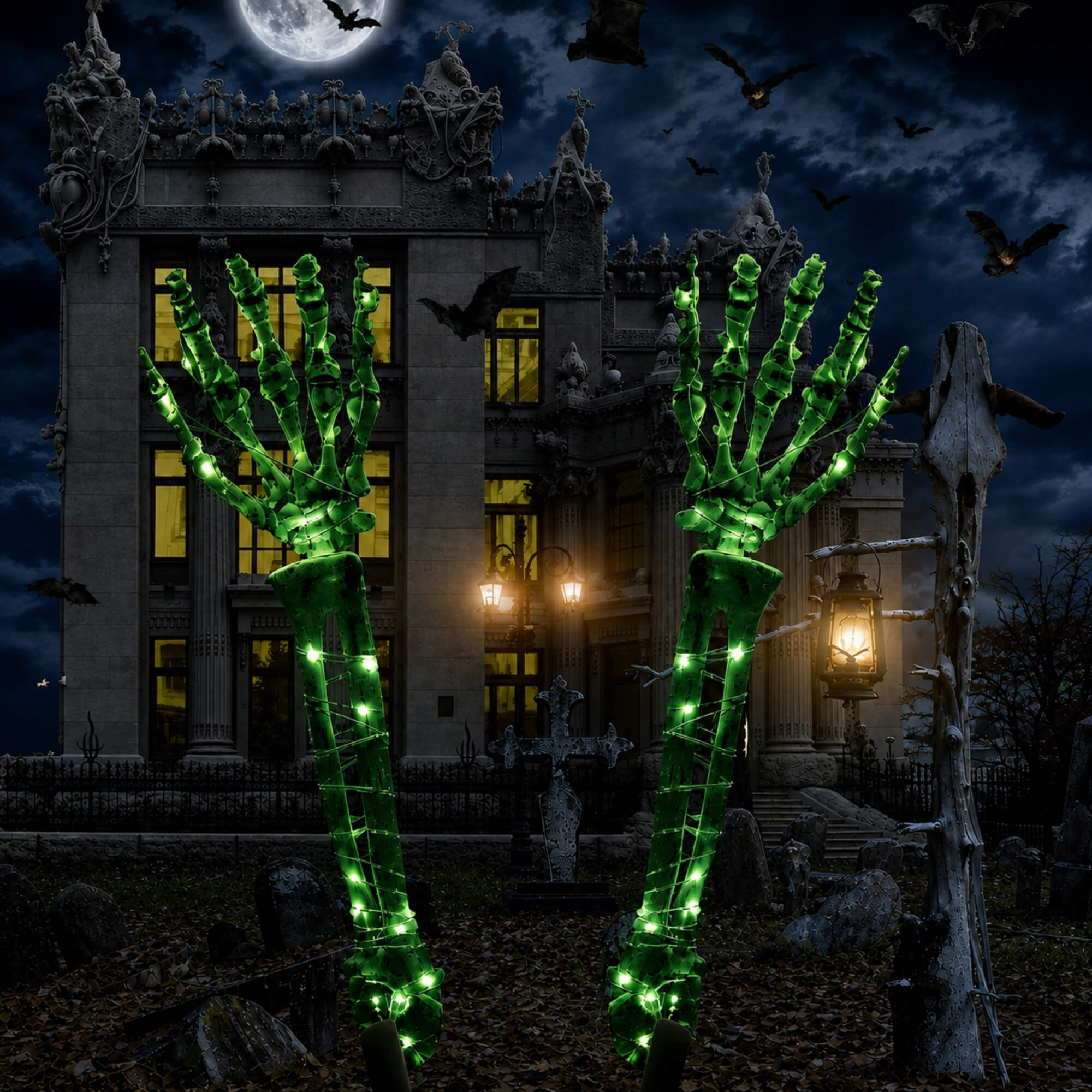 Green LED light-up skeleton hand Halloween garden stake decoration