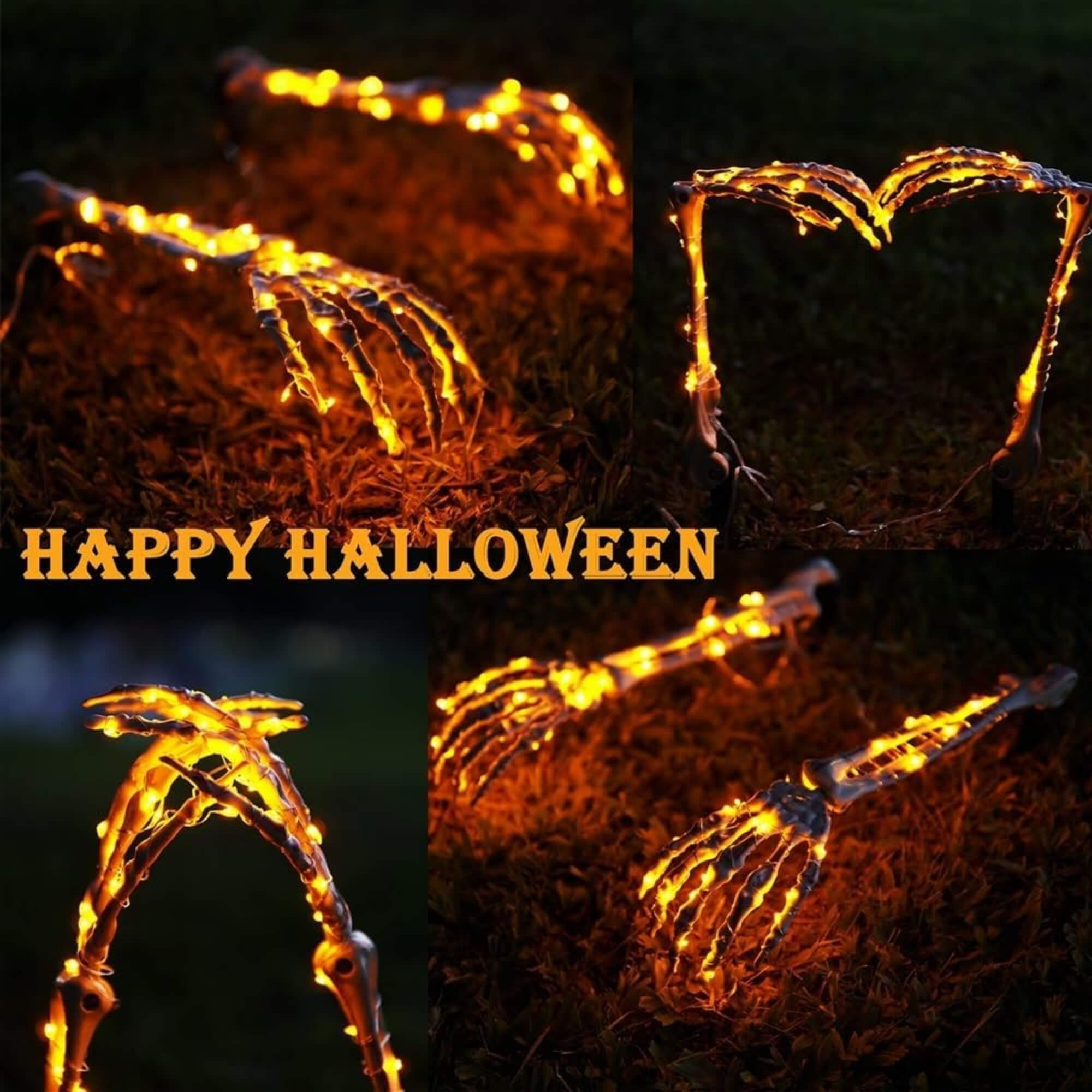 Skeleton hand Halloween decoration with carved pumpkin face