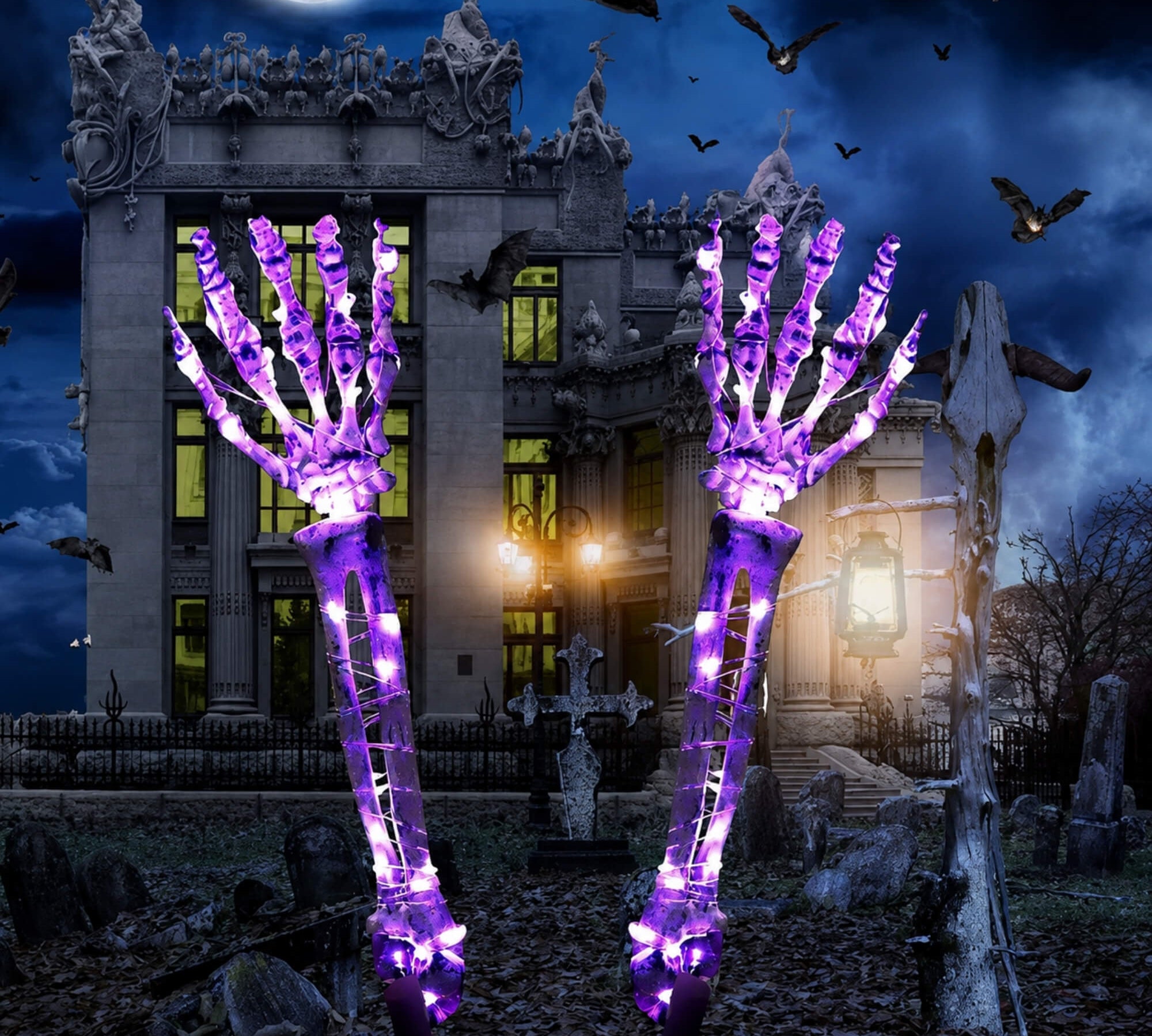Purple LED light-up skeleton hand Halloween garden stake decoration