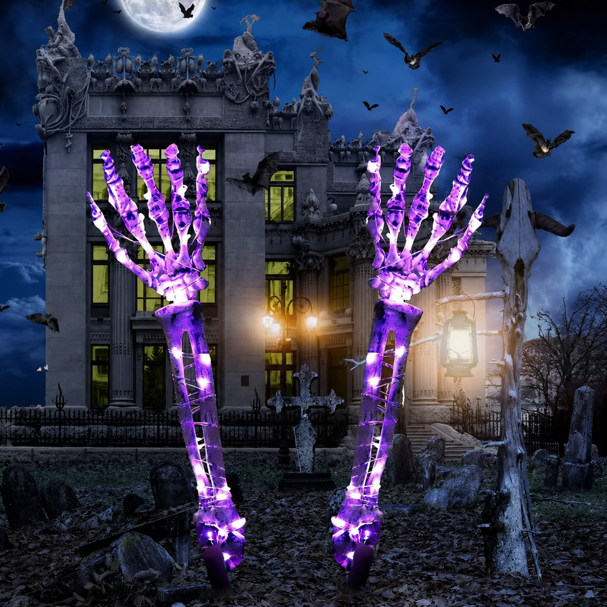 Purple LED light-up skeleton hand Halloween garden stake decoration