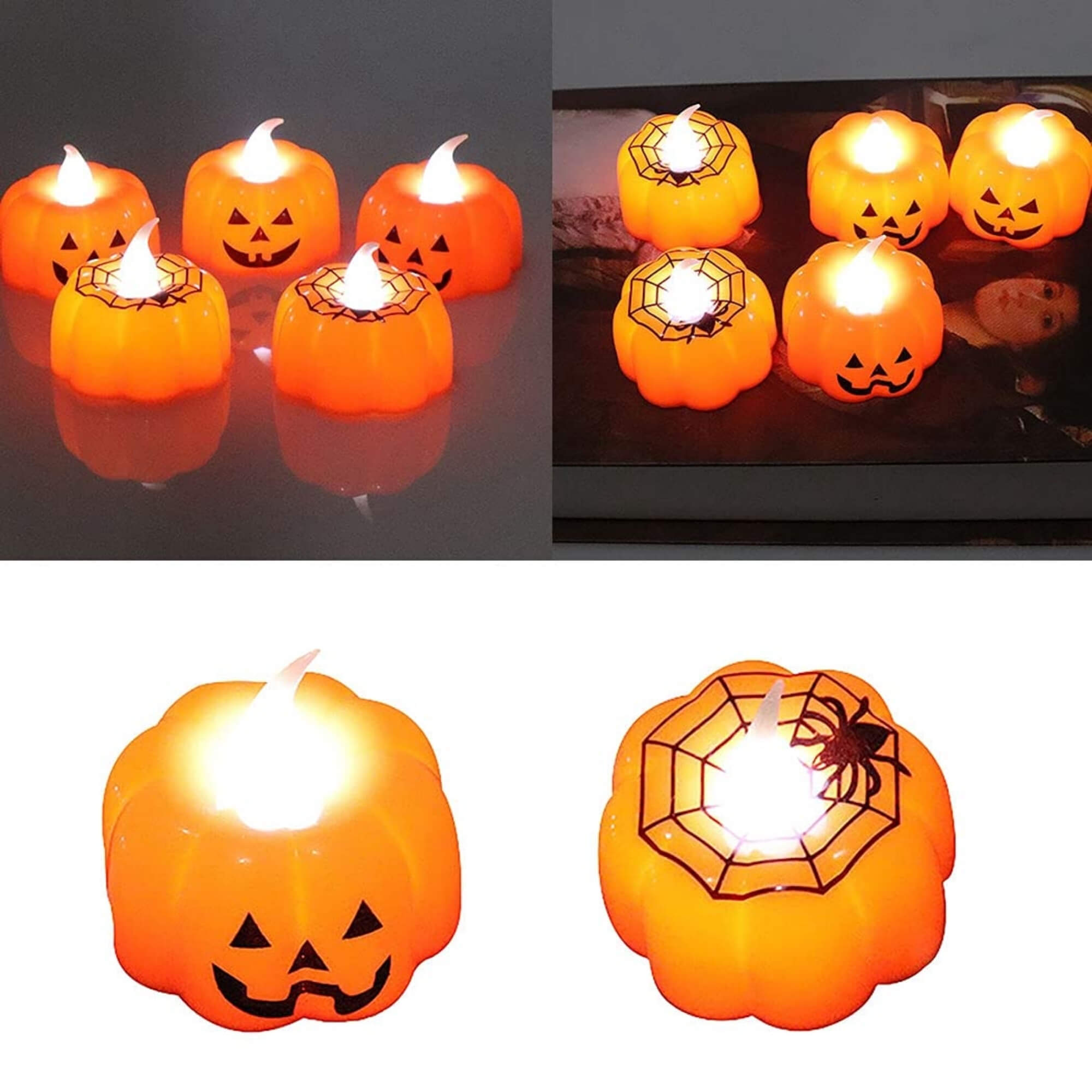 Small orange pumpkin LED tealight candle Halloween decoration, split view