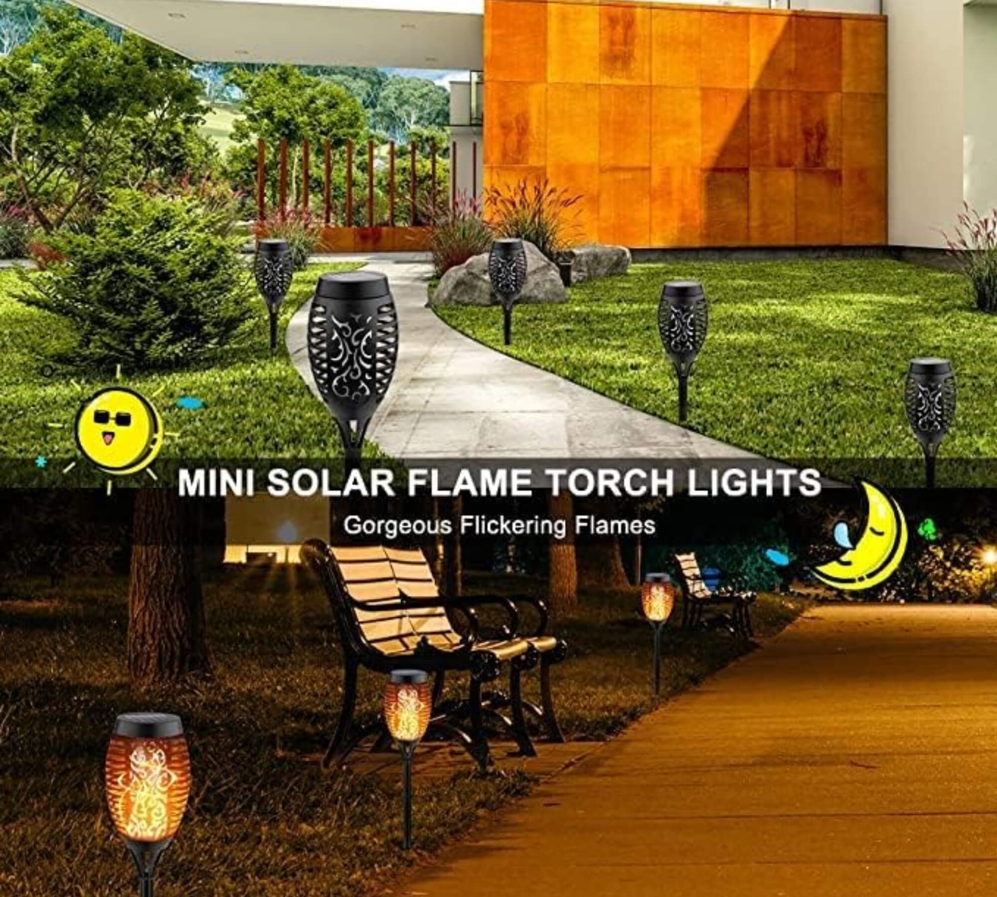 Solar-powered Halloween tiki torch garden light, daytime shot, lit at night