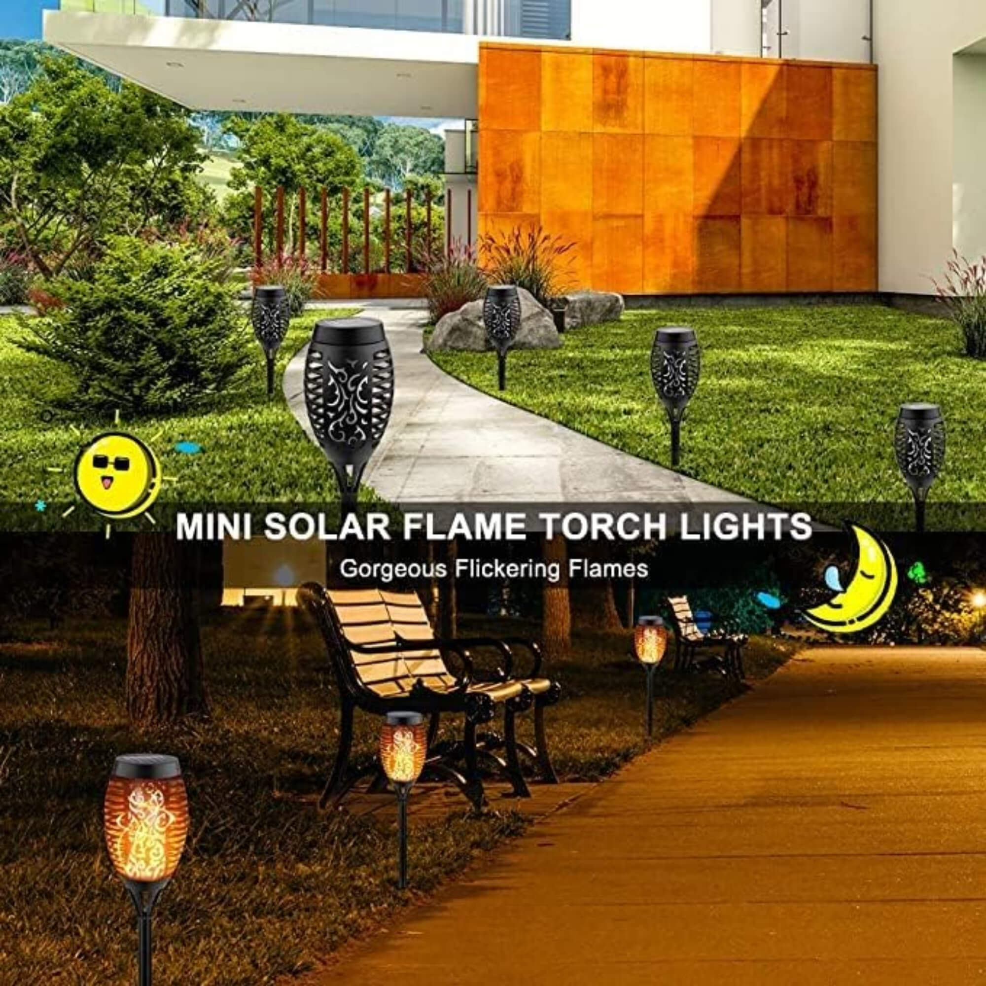 Solar-powered Halloween tiki torch garden light, daytime shot, lit at night