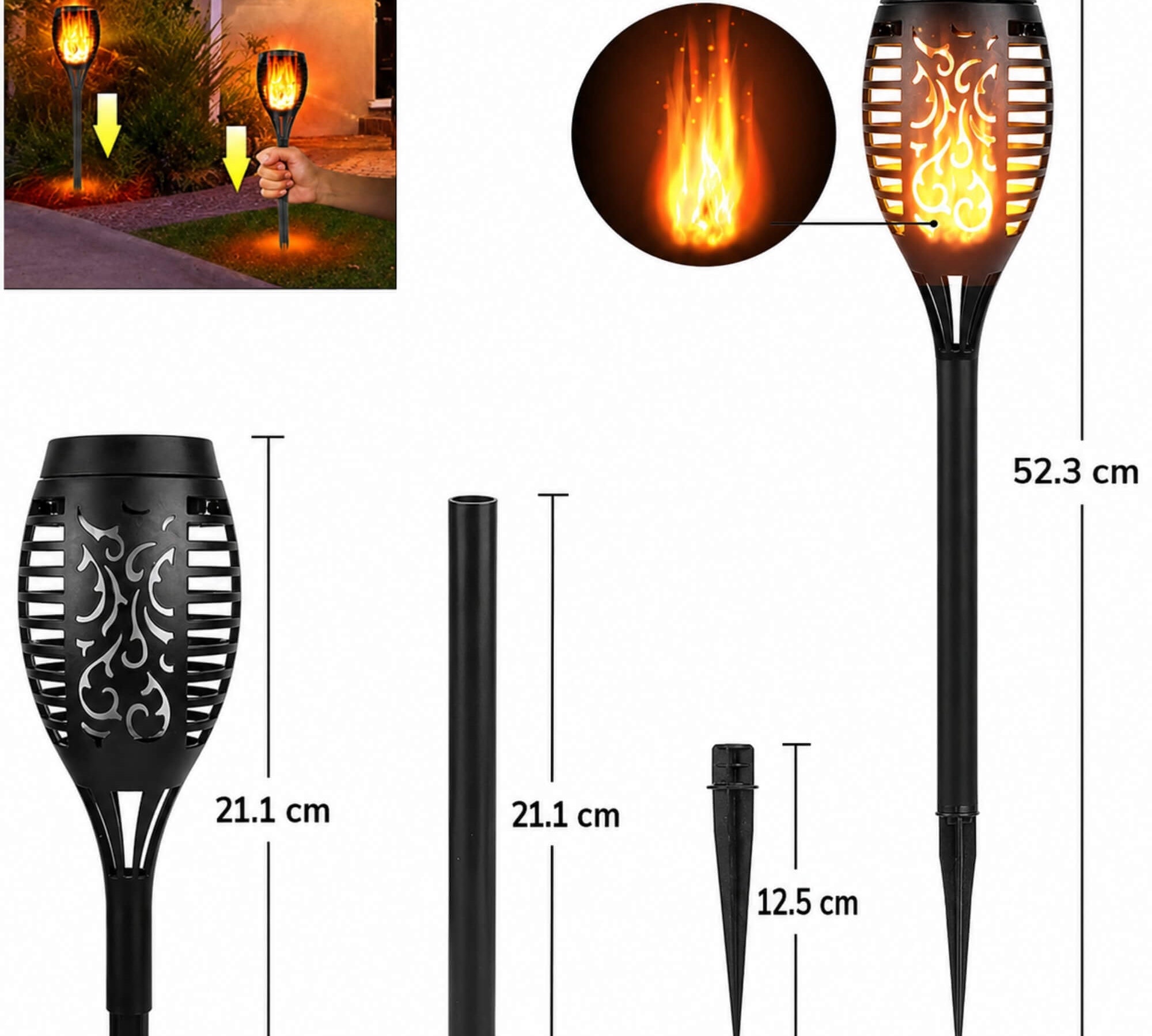 Solar-powered Halloween tiki torch garden light, size guide