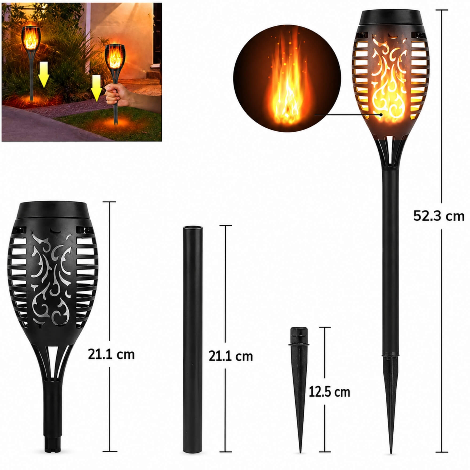 Solar-powered Halloween tiki torch garden light, size guide
