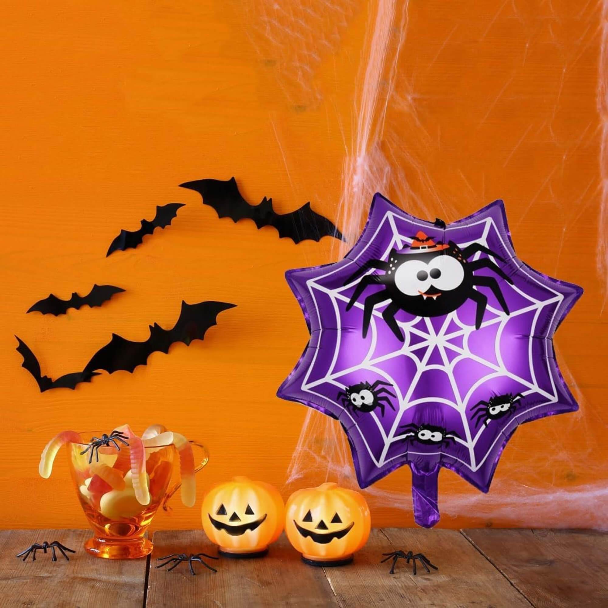 Spider design foil balloon Halloween decoration, styled scene