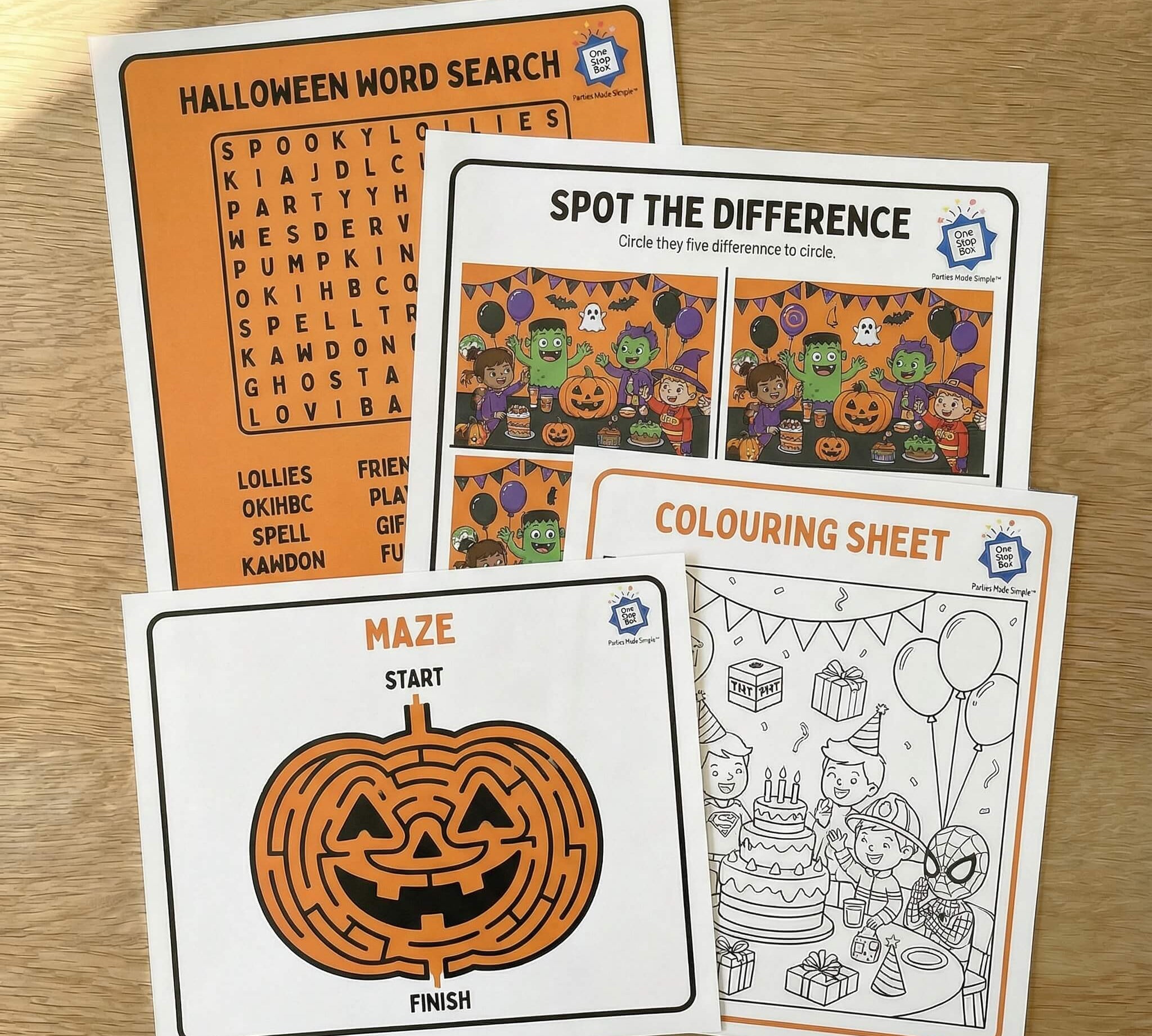Halloween-themed activity sheets including a word search, spot the difference, and colouring sheet on a wooden surface.