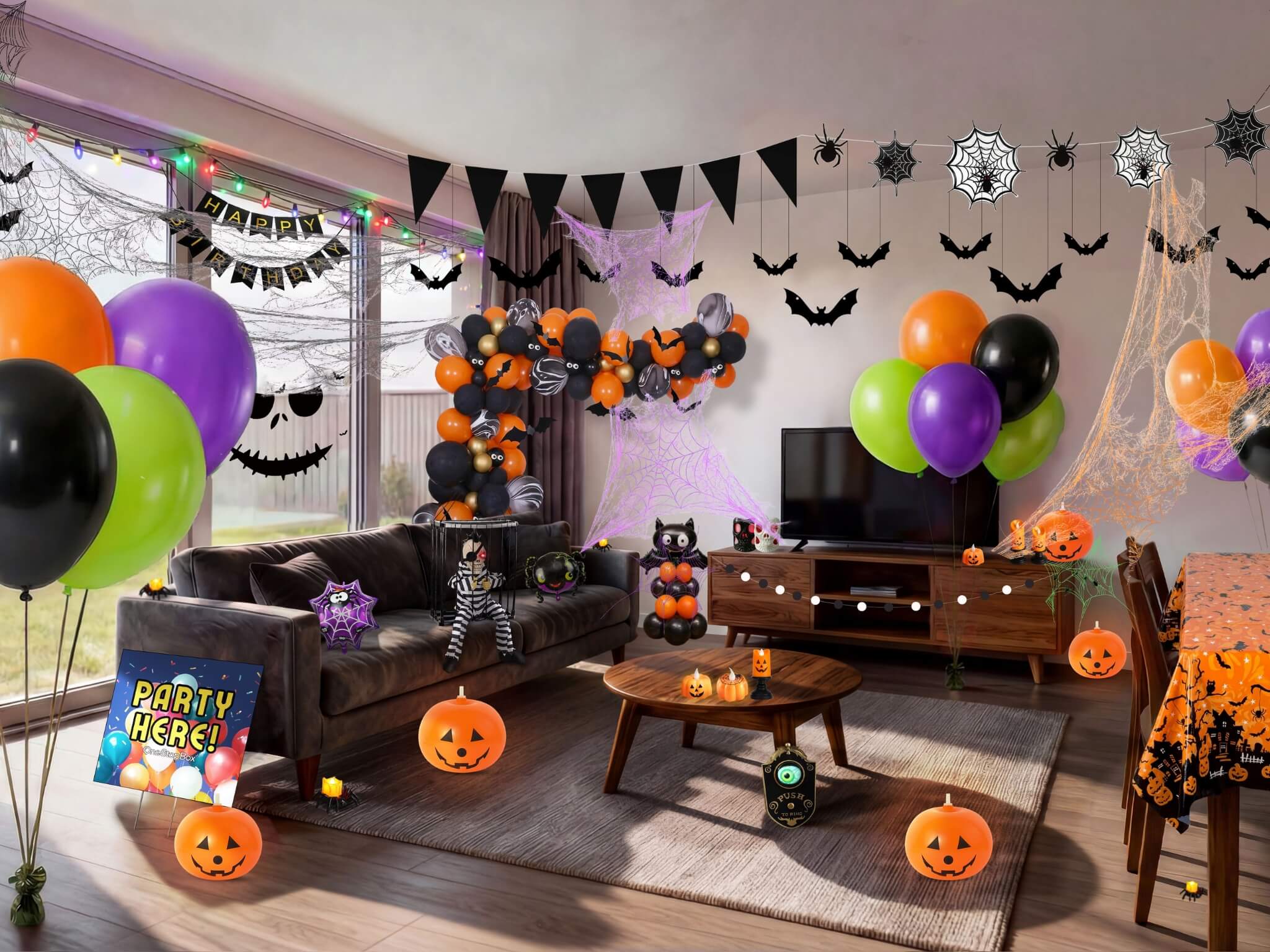 Complete premium Halloween party decorations filling a living room, including orange and black balloon garland, printed Halloween balloons, bat wall decorations, spider web garland, pumpkin lanterns, ghost backdrop, black triangle bunting, Halloween table cover and character props from a OneStopBox all-in-one party kit.