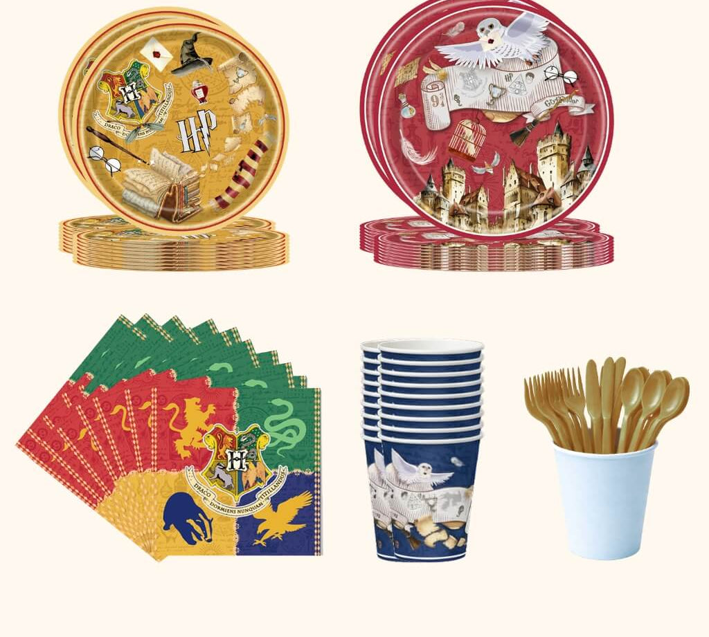 Complete 20-piece Harry Potter-themed party set including large harry potter plates, small harry potter plates, harry potter cups, harry potter napkins and gold reusable cutlery