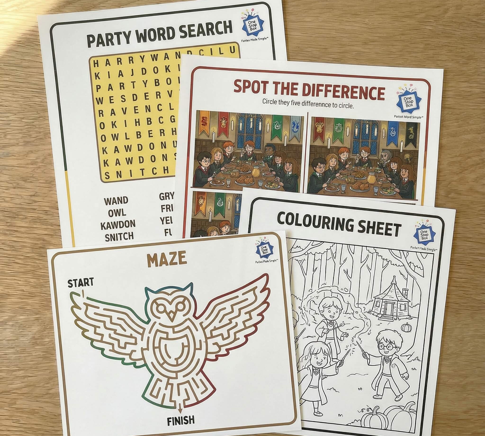 Harry Potter themed activity sheets including word search, spot the difference, and colouring sheet