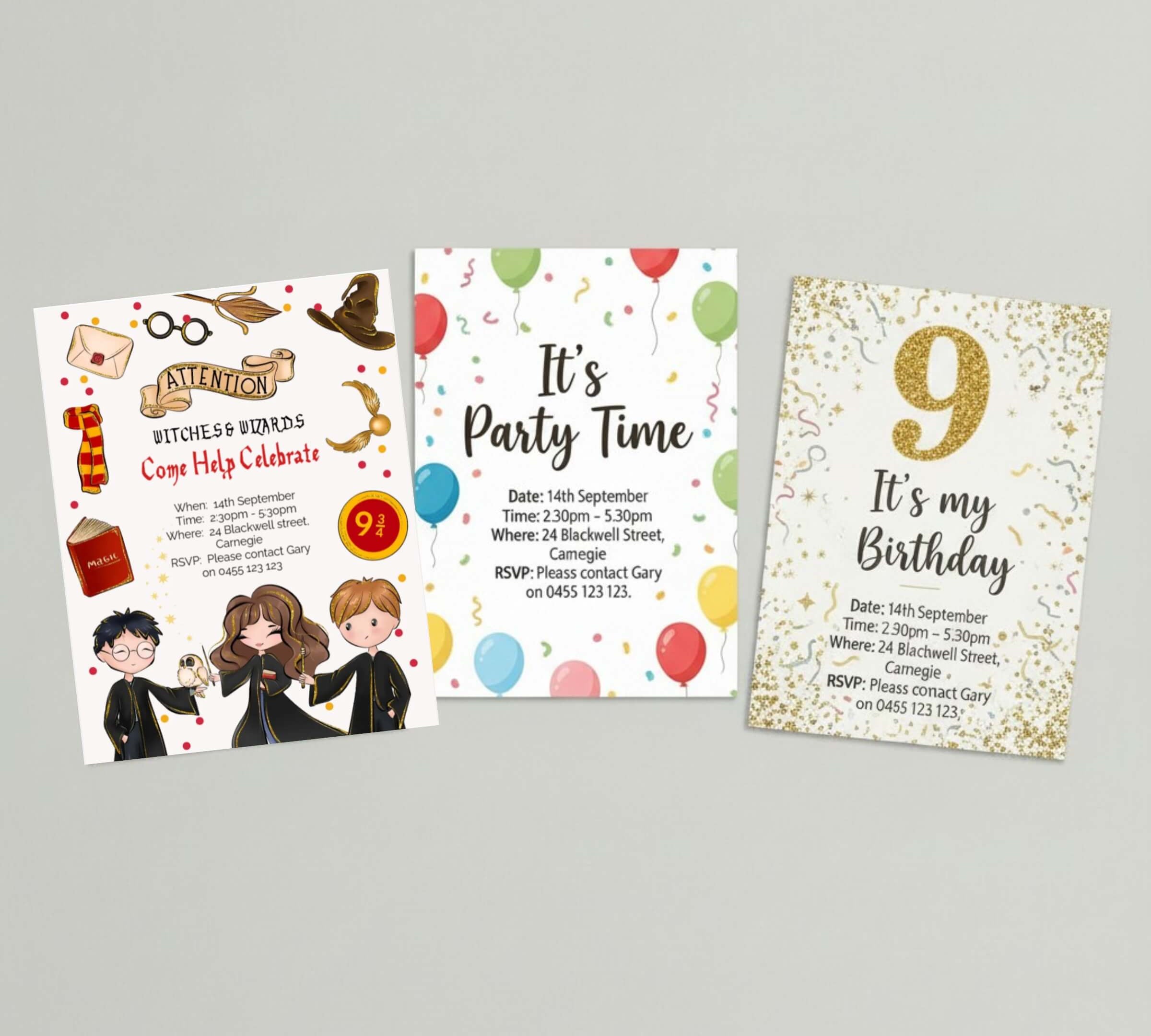 Three printable Harry Potter themed kids birthday party invitation designs