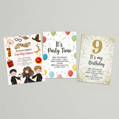 Three printable Harry Potter themed kids birthday party invitation designs