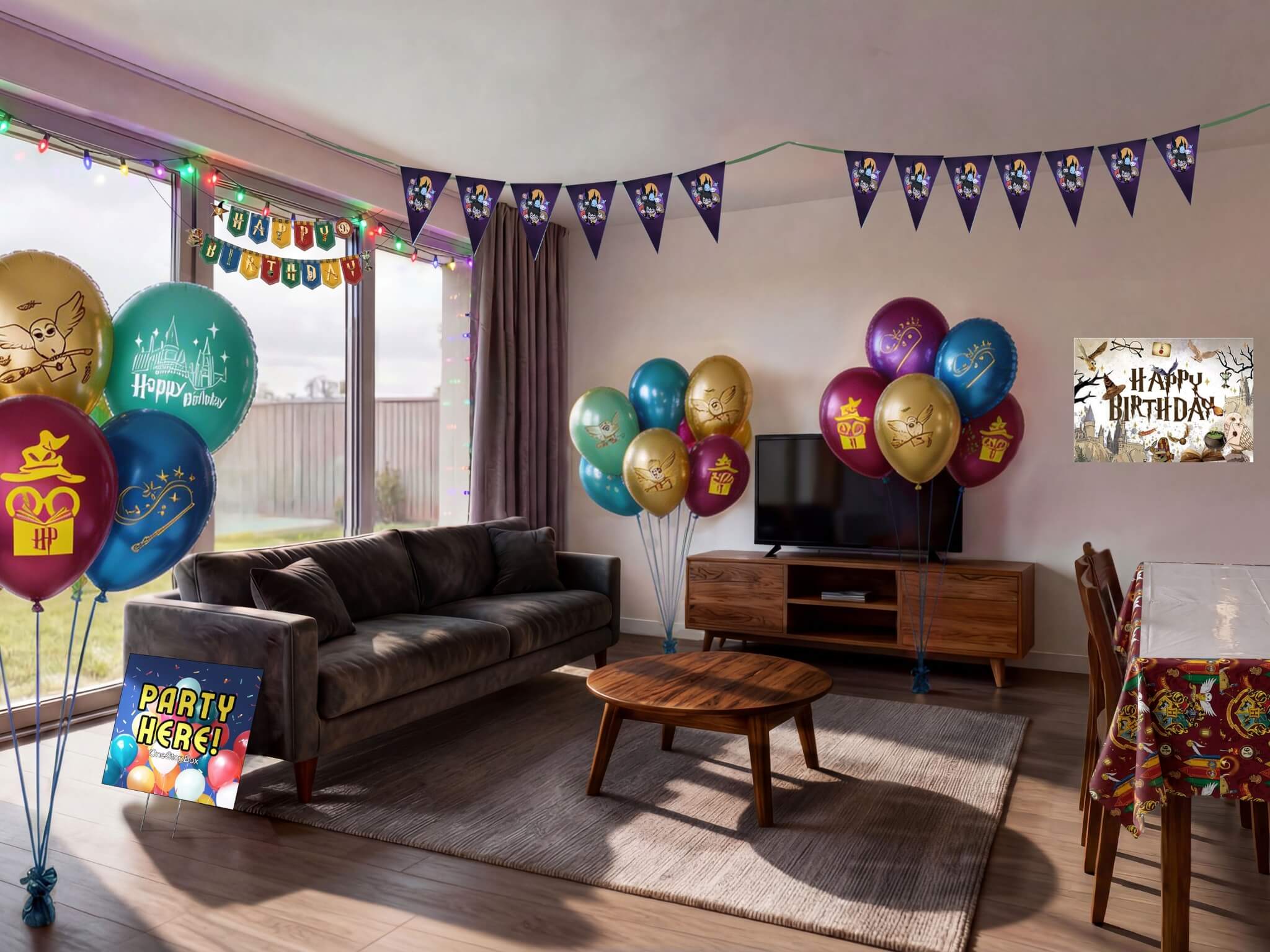 Living room decorated for a Harry Potter themed kids birthday party with wizard printed balloons in gold, teal and burgundy, triangle bunting, happy birthday banner, backdrop and themed table cover from a OneStopBox party decorations kit.