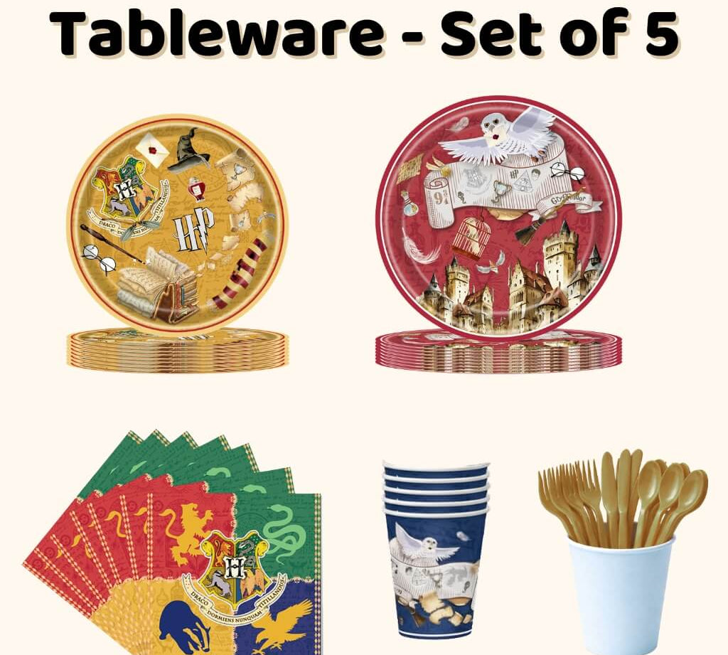 Harry Potter party tableware set with plates, cups, napkins and cutlery for a kids party or adult harry potter party