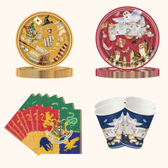 Harry Potter-themed party tableware set that includes small harry potter plates, large harry potter plates, harry potter napkins, harry potter cups