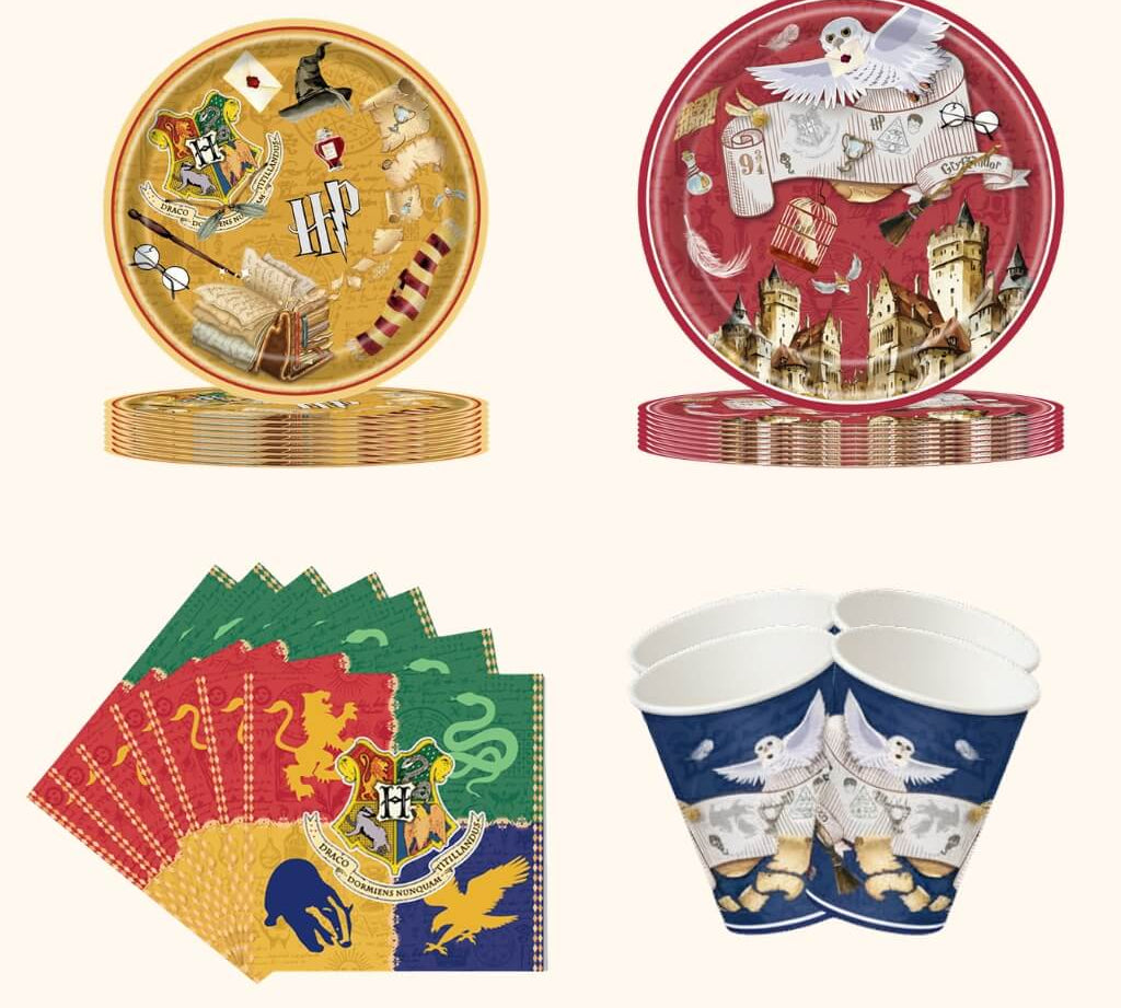 Harry Potter-themed party tableware set that includes small harry potter plates, large harry potter plates, harry potter napkins, harry potter cups