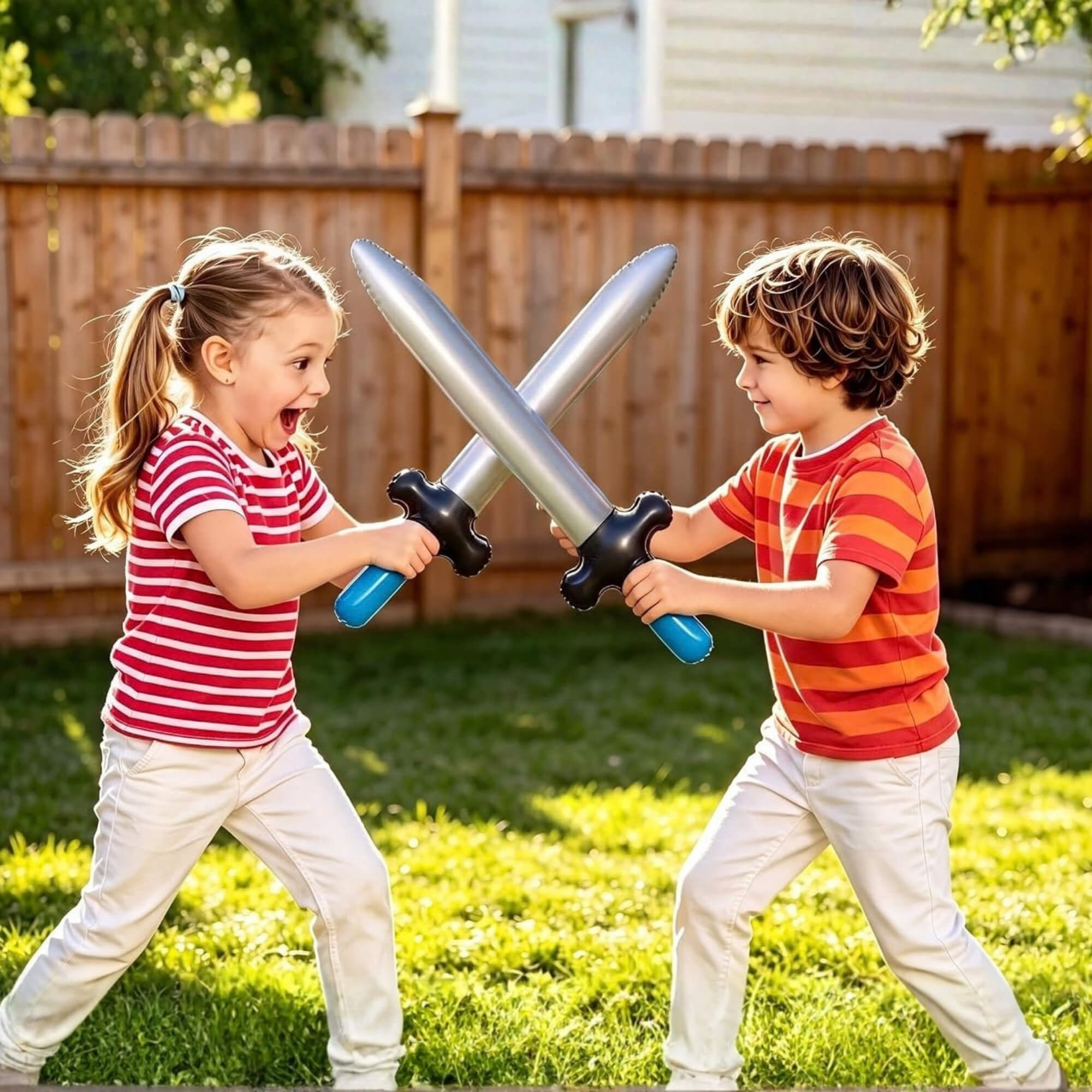 Blue inflatable swords, kids duelling with the swords