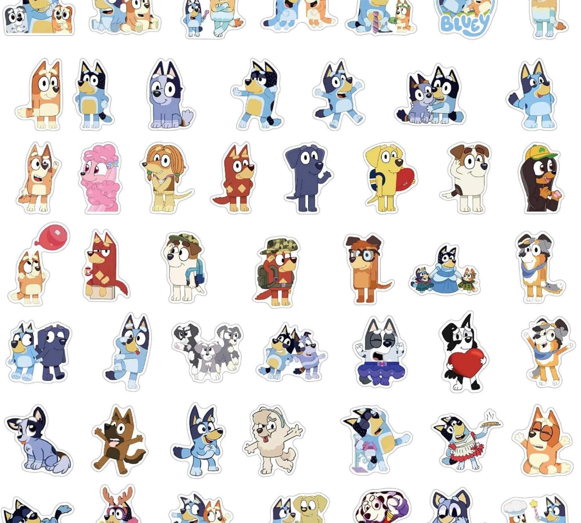Bluey party stickers, design list