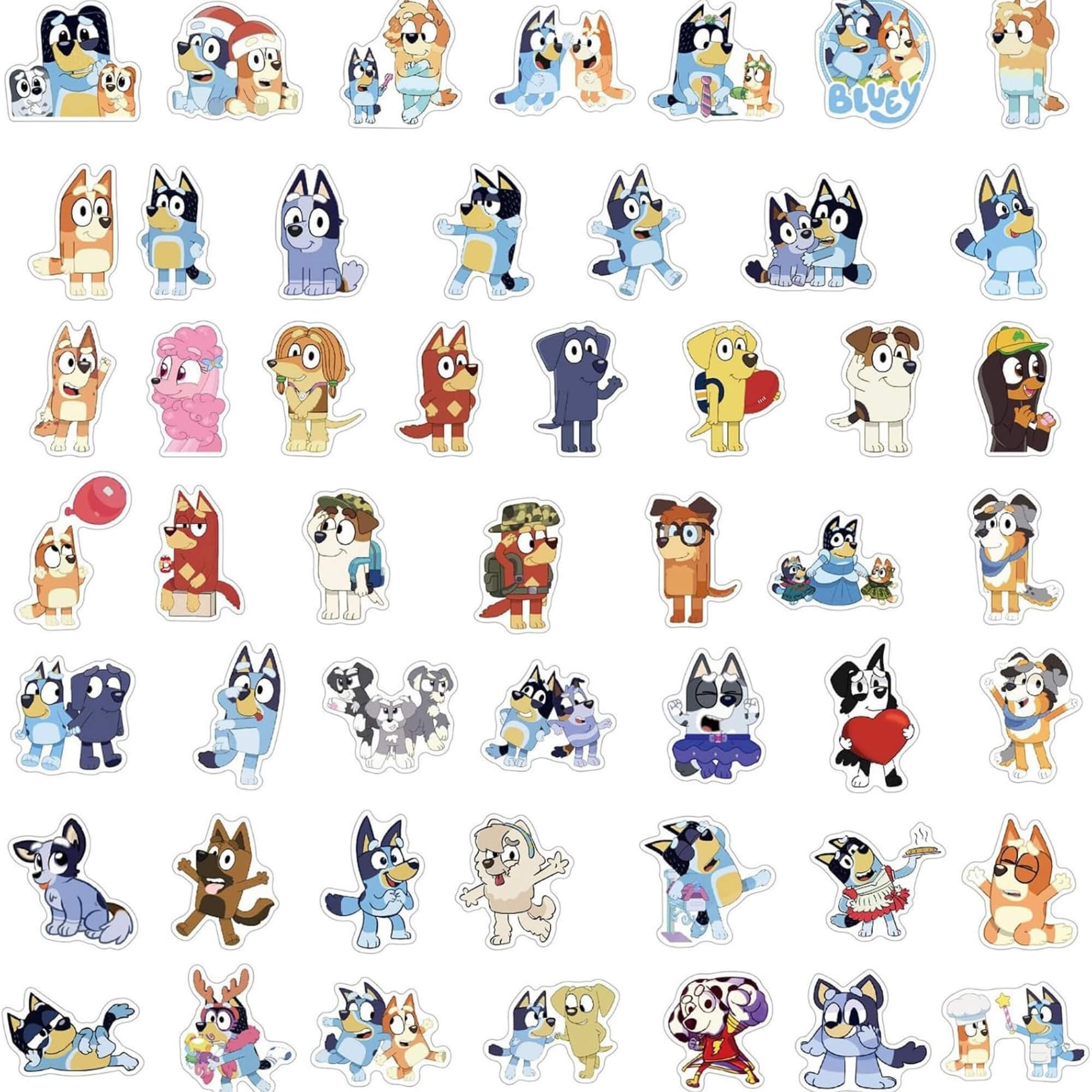 Bluey party stickers, design list
