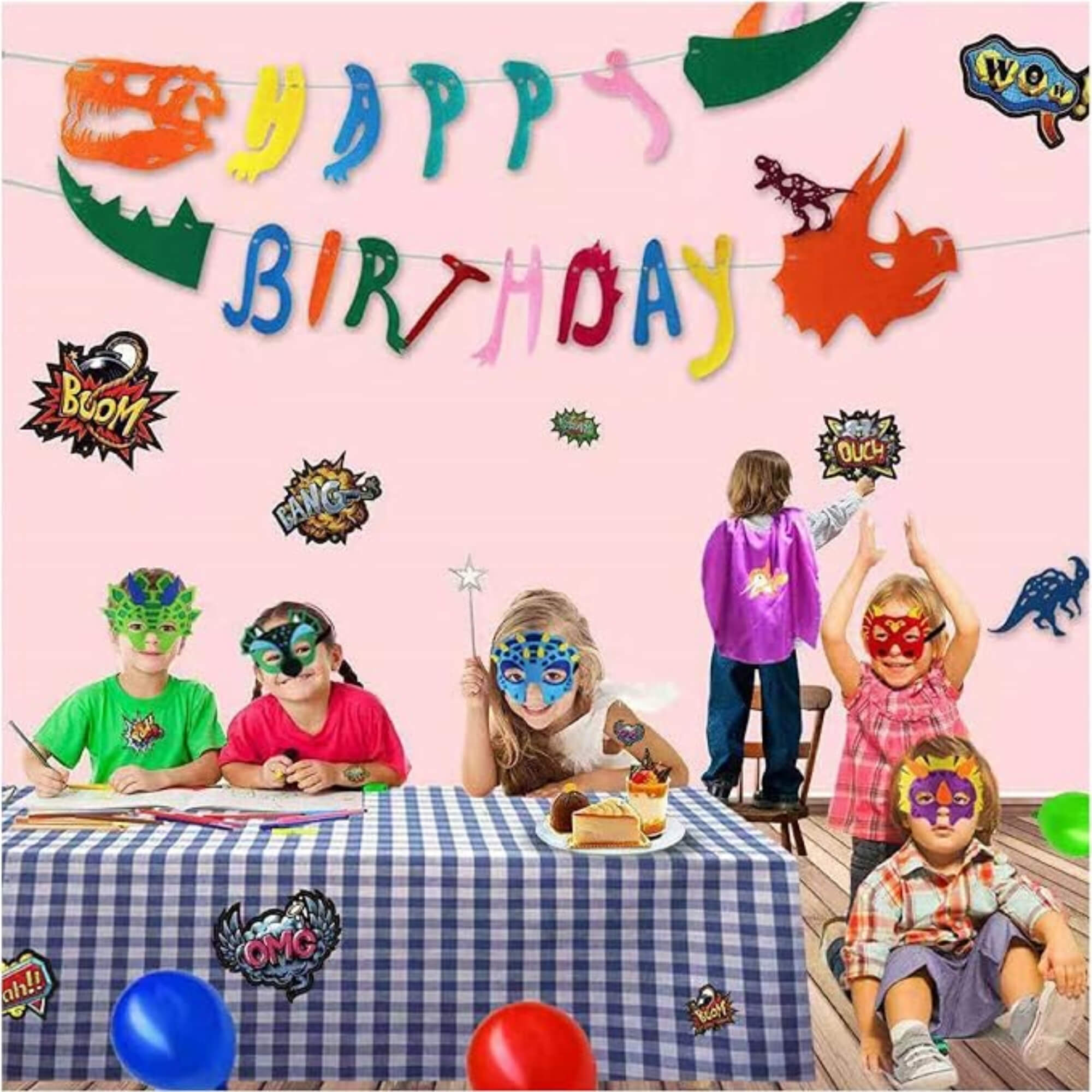 Dinosaur party masks, on a party table