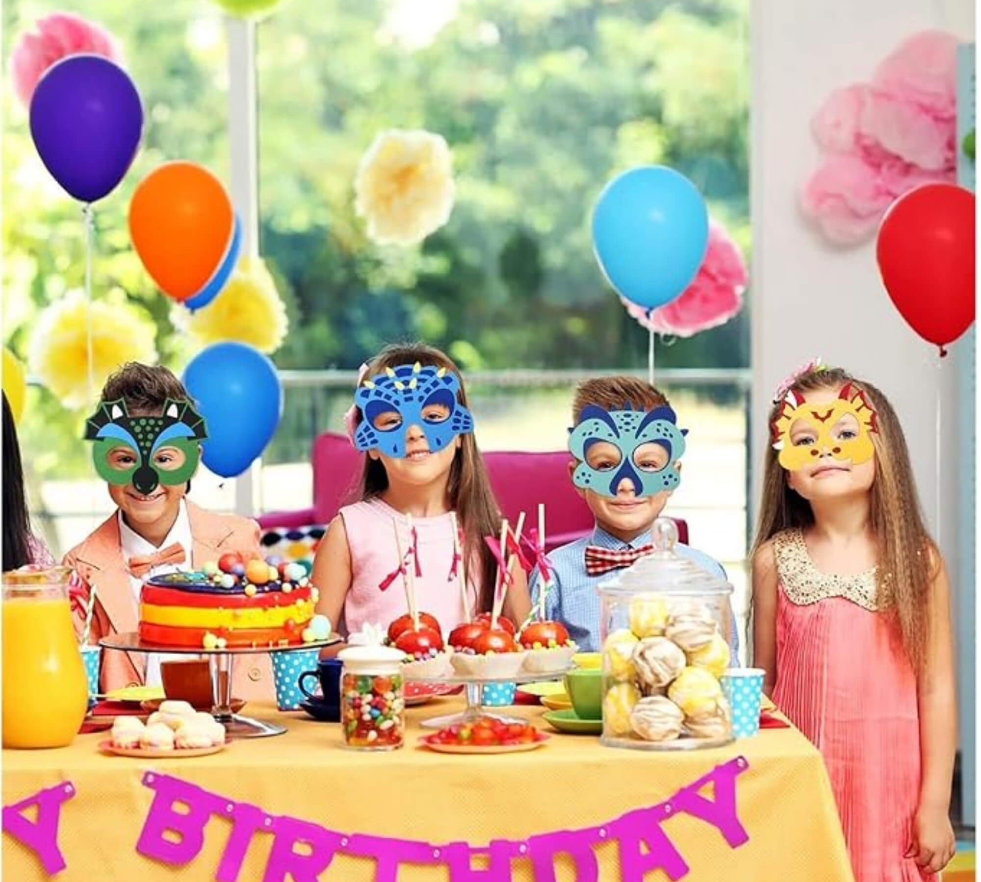 Dinosaur party masks, at a party