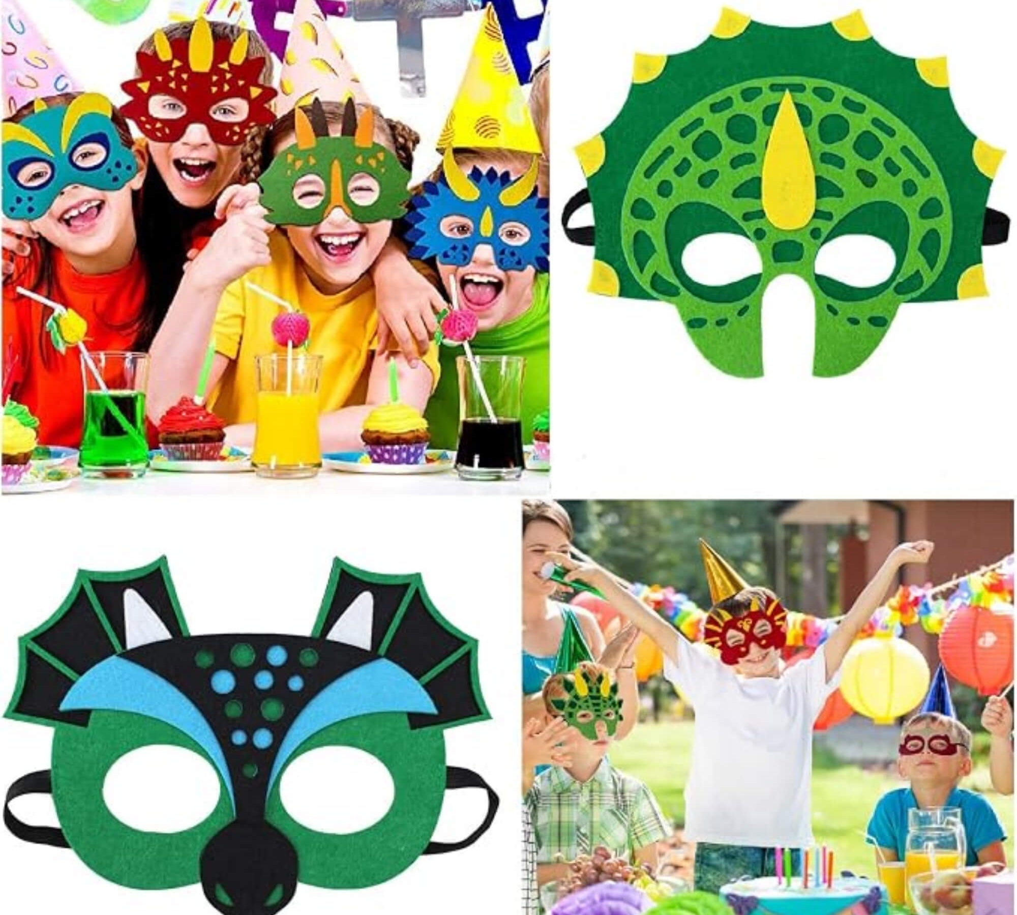 Dinosaur party masks, kids using them