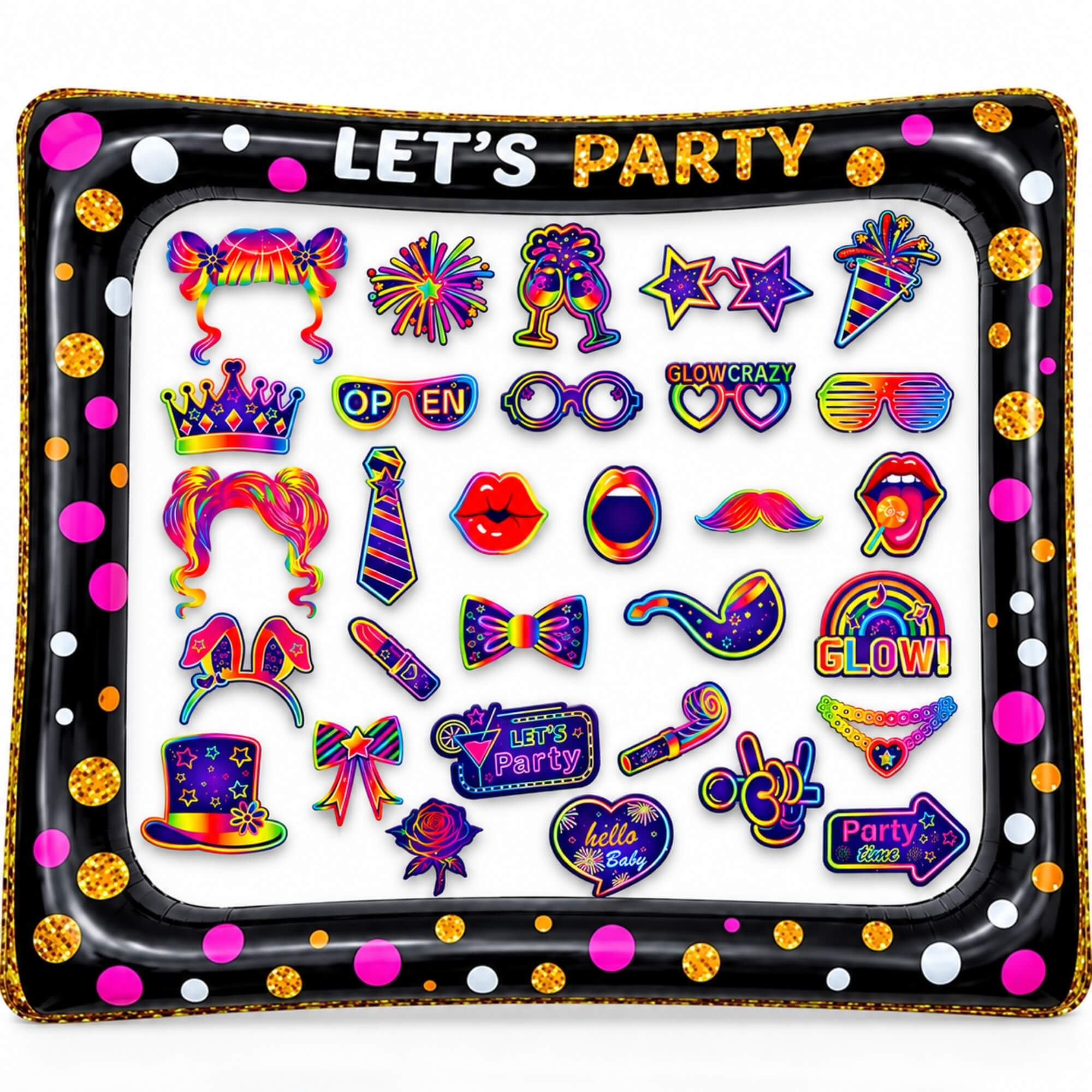 Black inflatable photo booth frame with neon glow disco photo props for a kids party
