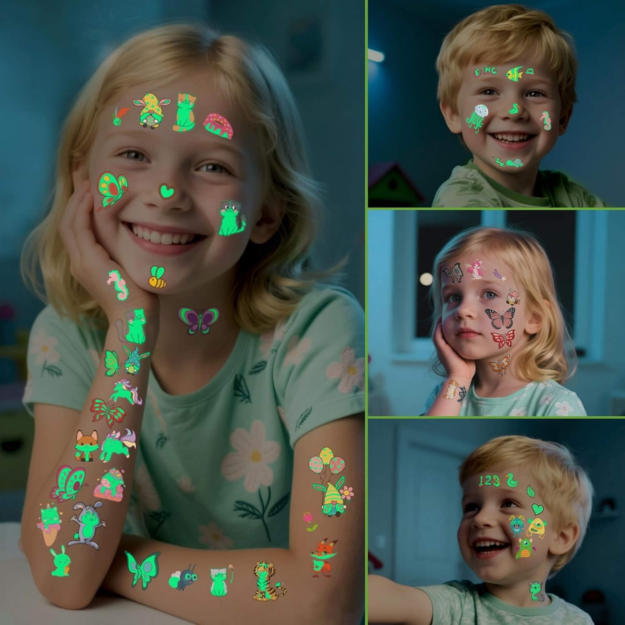 Glow disco temporary tattoos, two kids wearing them