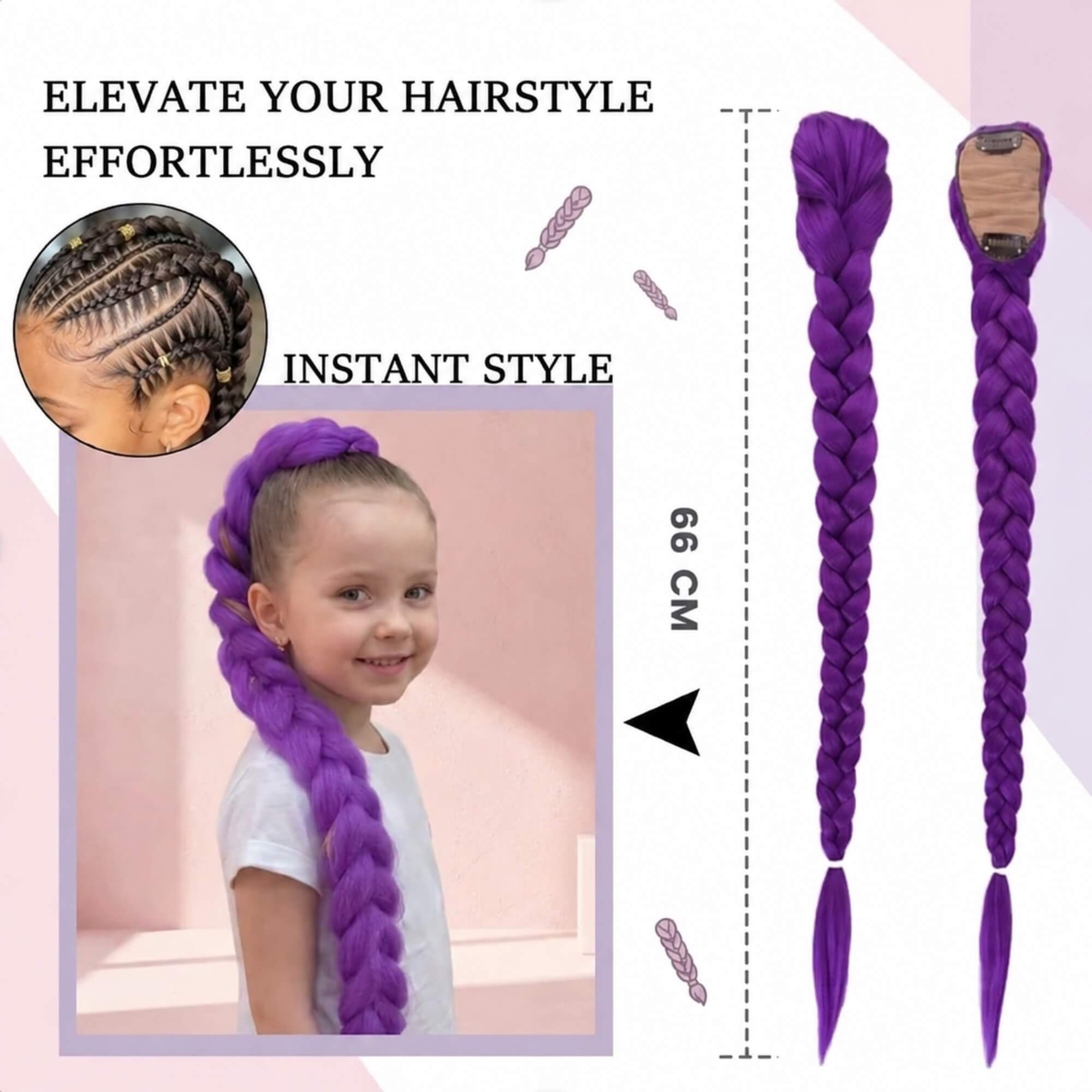 Purple Rumi-style braid hair accessory for a KPop Demon Hunters party, size guide