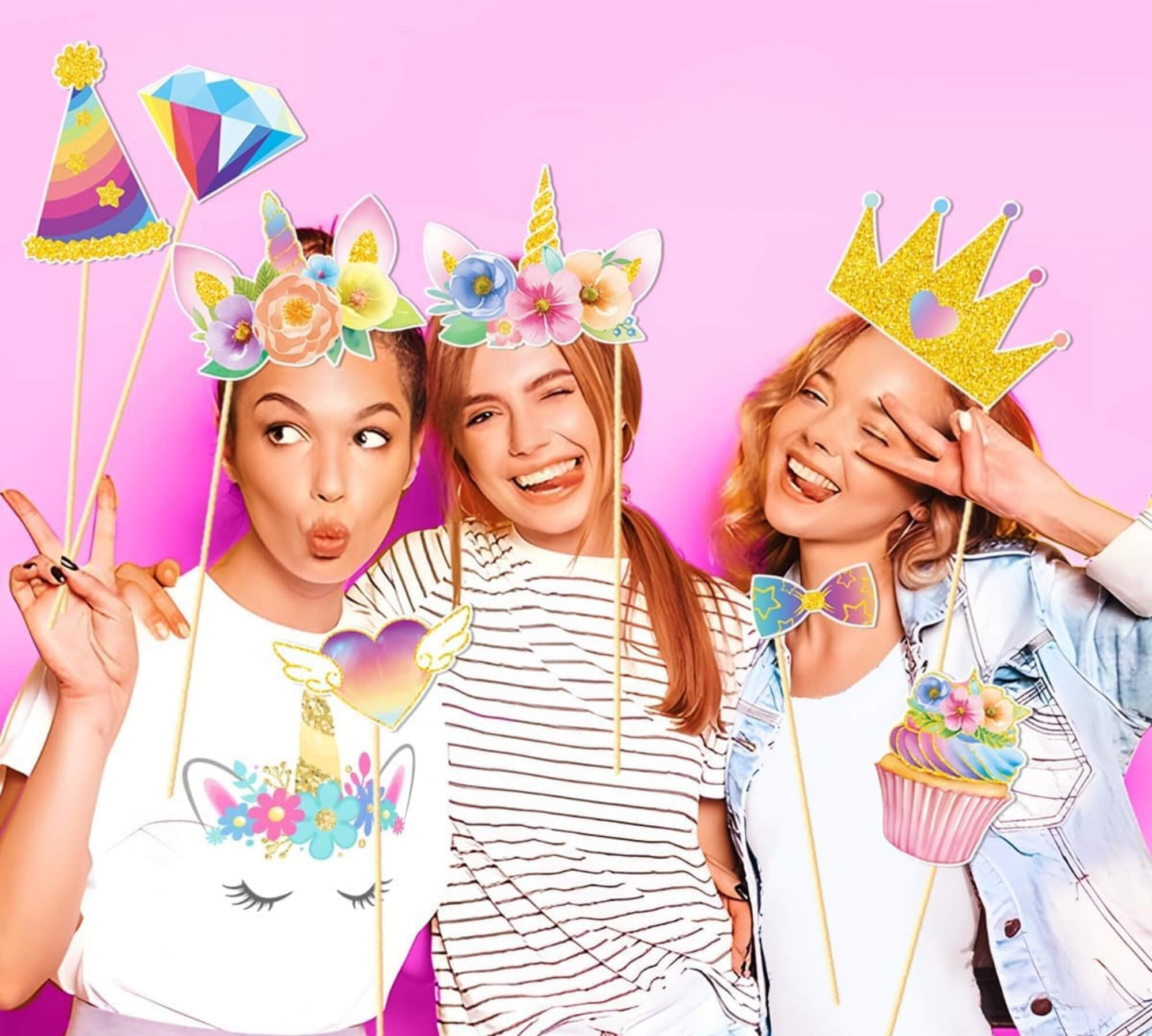 Unicorn party photo props, three girls with the props