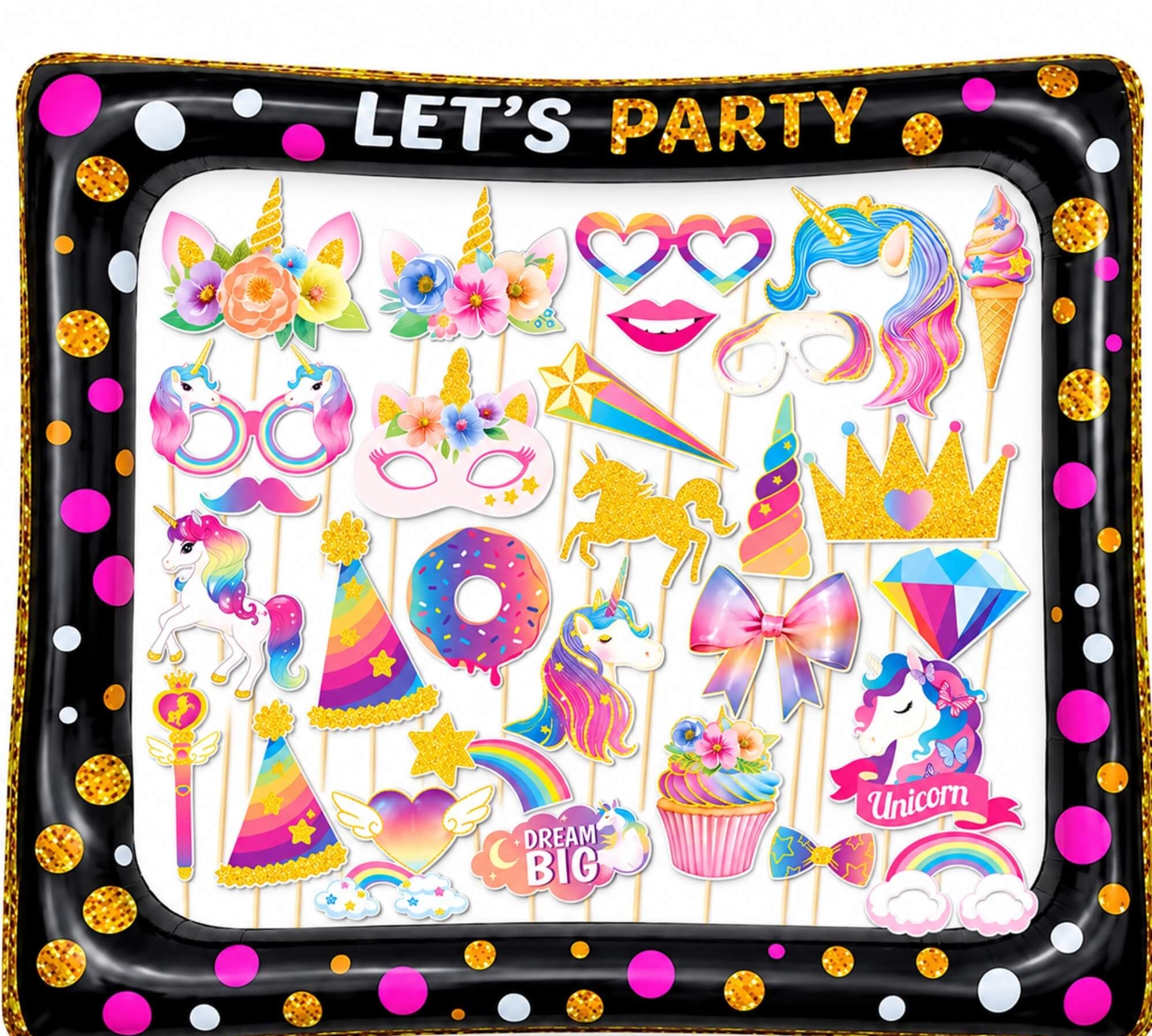 Black inflatable photo booth frame with pink and gold dots, filled with unicorn photo props for a kids party