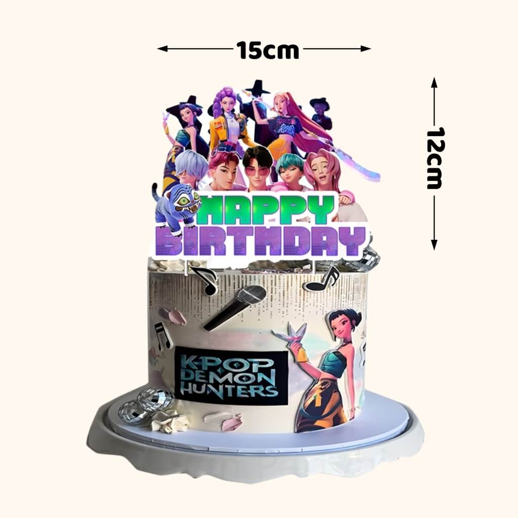 K-pop demon hunters themed birthday cake topper with character illustrations and 'Happy Birthday' text, featuring dimensions on a white background.