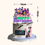 K-pop demon hunters themed birthday cake topper with character illustrations and 'Happy Birthday' text, featuring dimensions on a white background.