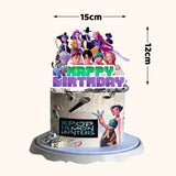 K-pop demon hunters themed birthday cake topper with character illustrations and 'Happy Birthday' text, featuring dimensions on a white background.