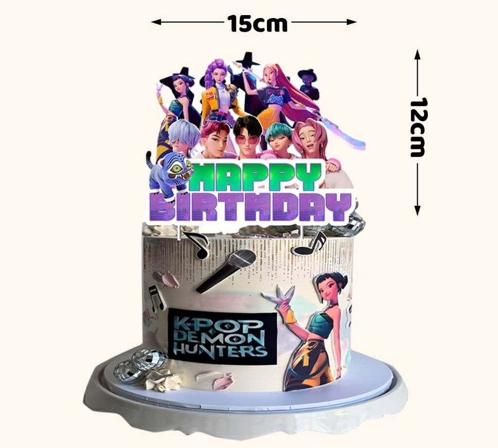 K-pop demon hunters themed birthday cake topper with character illustrations and 'Happy Birthday' text, featuring dimensions on a white background.