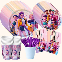 kpop demon hunters themed 20-piece party tableware set that includes kpop demon hunters cups, kpop demon hunters small plates, kpop demon hunters large plates, kpop demon hunters napkins, kpop demon hunters cups and purple reusable cutlery