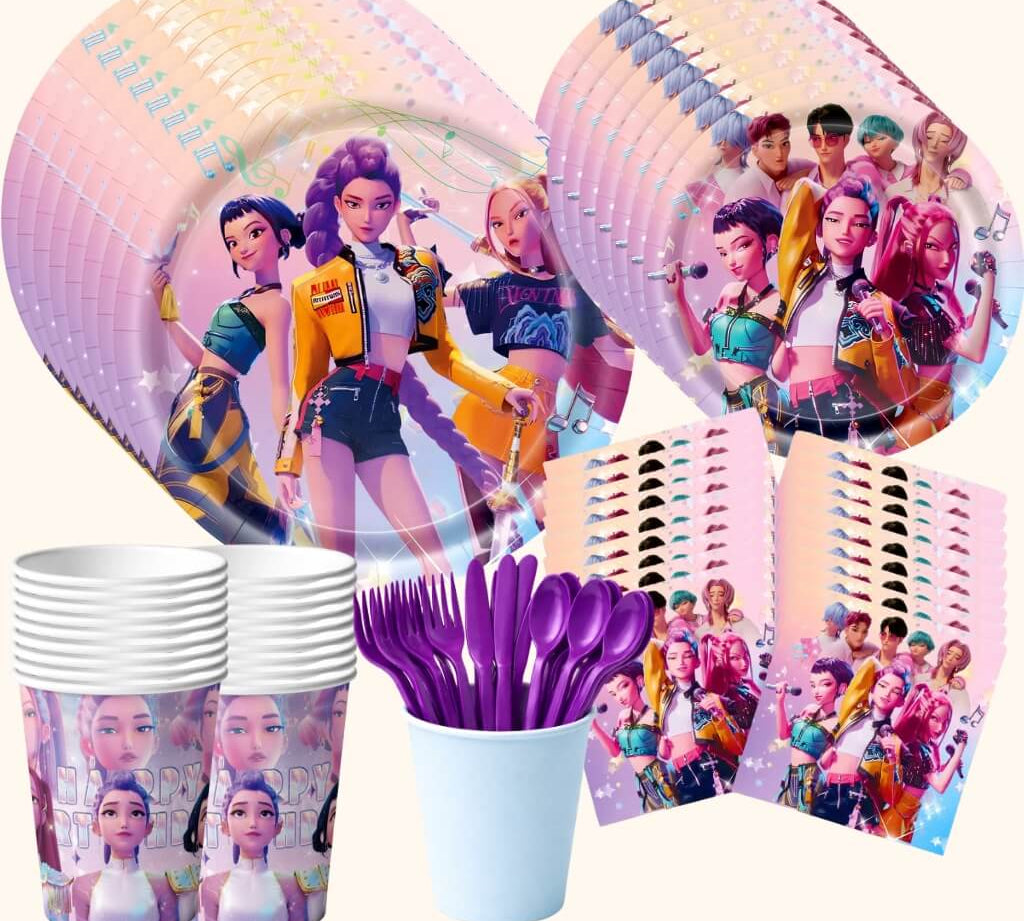 kpop demon hunters themed 20-piece party tableware set that includes kpop demon hunters cups, kpop demon hunters small plates, kpop demon hunters large plates, kpop demon hunters napkins, kpop demon hunters cups and purple reusable cutlery