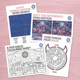 Set of kpop demon hunters themed activity sheets including word search, spot the difference, and colouring sheet on a pink background.