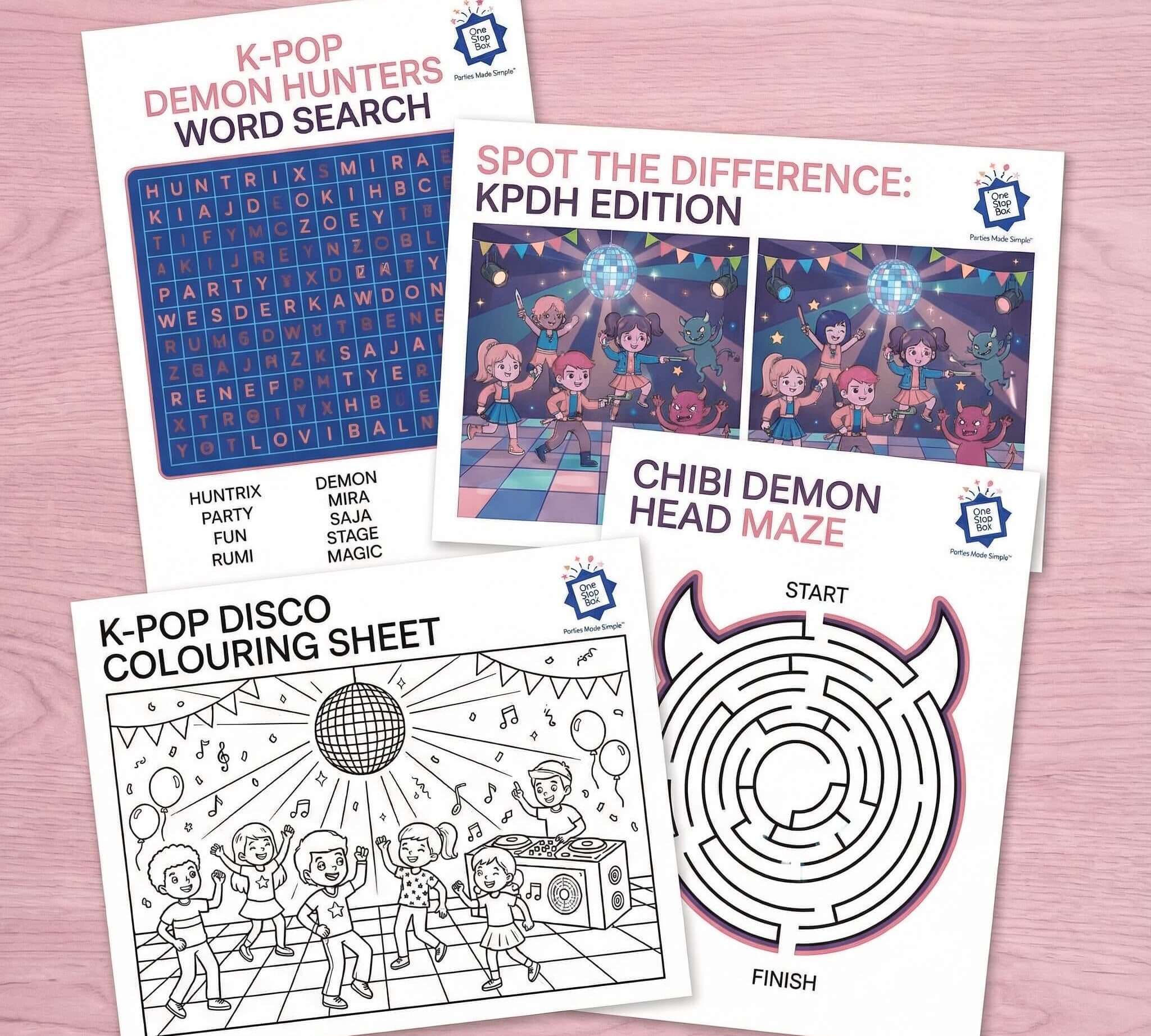 Set of kpop demon hunters themed activity sheets including word search, spot the difference, and colouring sheet on a pink background.