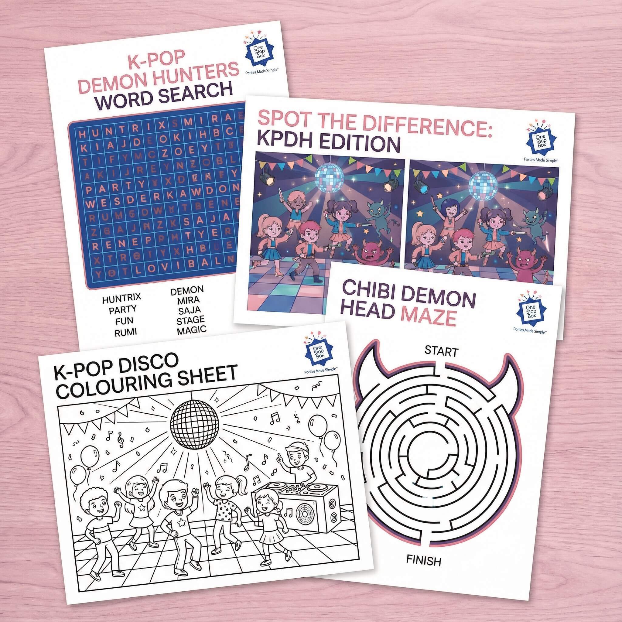 Set of kpop demon hunters themed activity sheets including word search, spot the difference, and colouring sheet on a pink background.